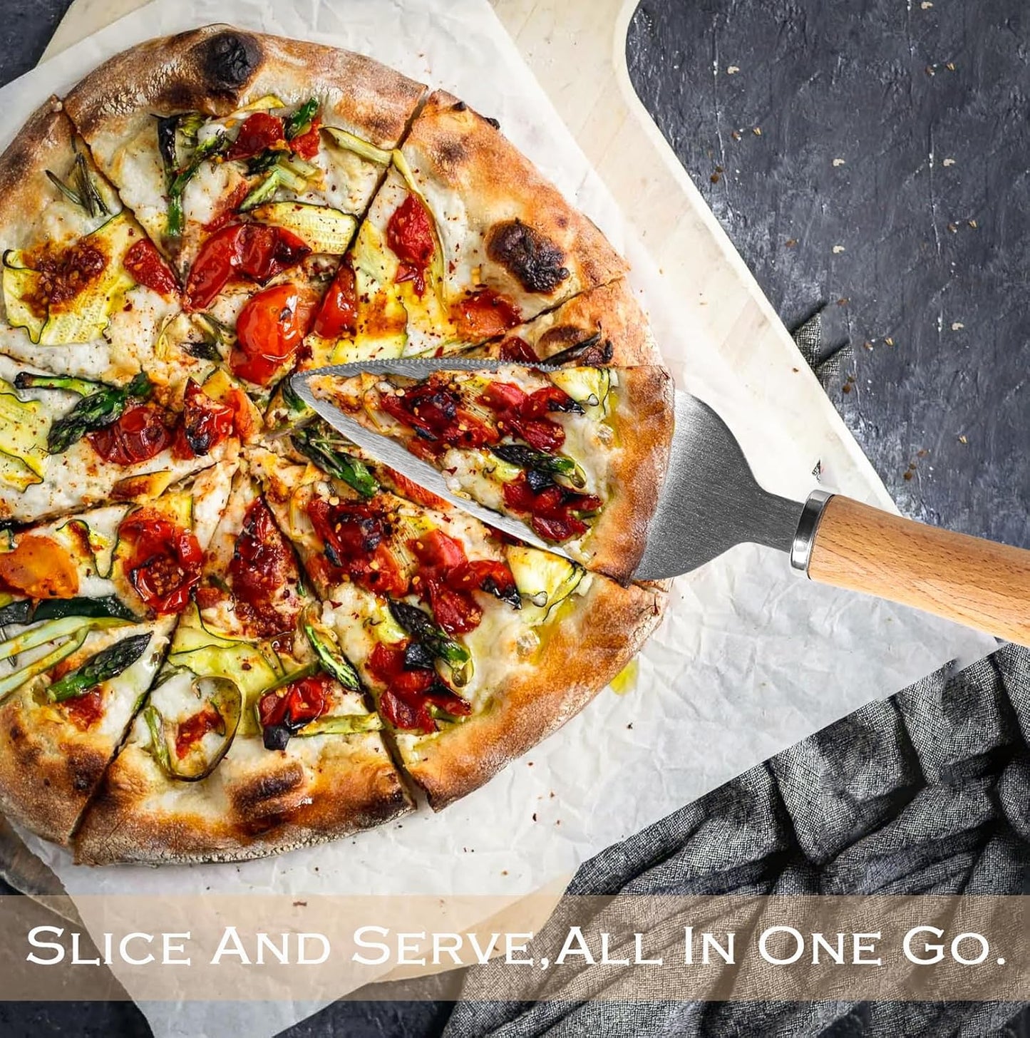 Pizza Cutter Rocker Blade with Wooden Handle and Guard, Sharp Stainless Steel Pizza Slicer, Dough Cutter Equipped with Pizza Spatula, Pizza Oven Accessories for Kitchen Commercial Use