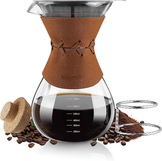Pour Over Coffee Maker with Double-Layer Stainless Steel Filter - 27 oz Pour Over Coffee Dripper with Leather Collar, Heat Resistant 5 Cups Glass Coffee Carafe with Cork Lid for Hand Brewing Lovers