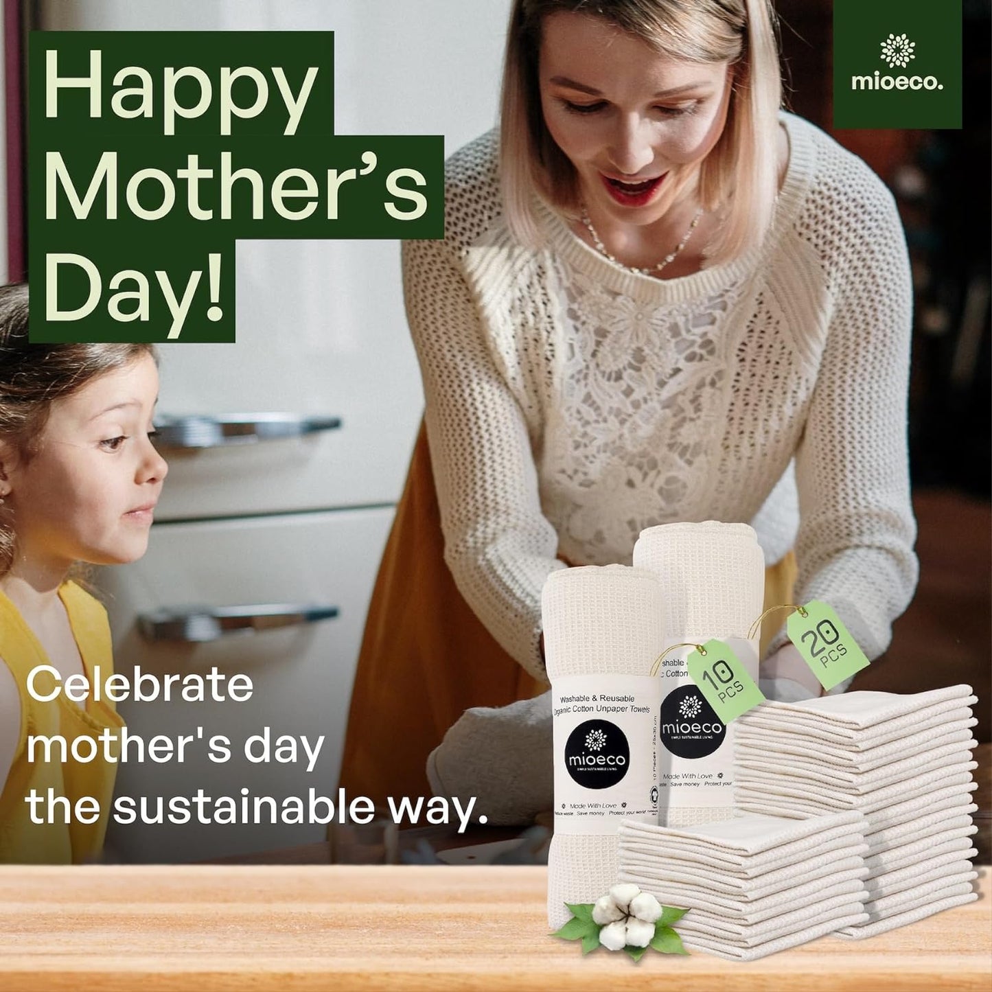 10 Pack Kitchen Paper Towels Washable - Super Absorbent Natural Paper Towels - Natural Cotton - Reusable, Paperless Kitchen Dish Cloths - 100% Organic