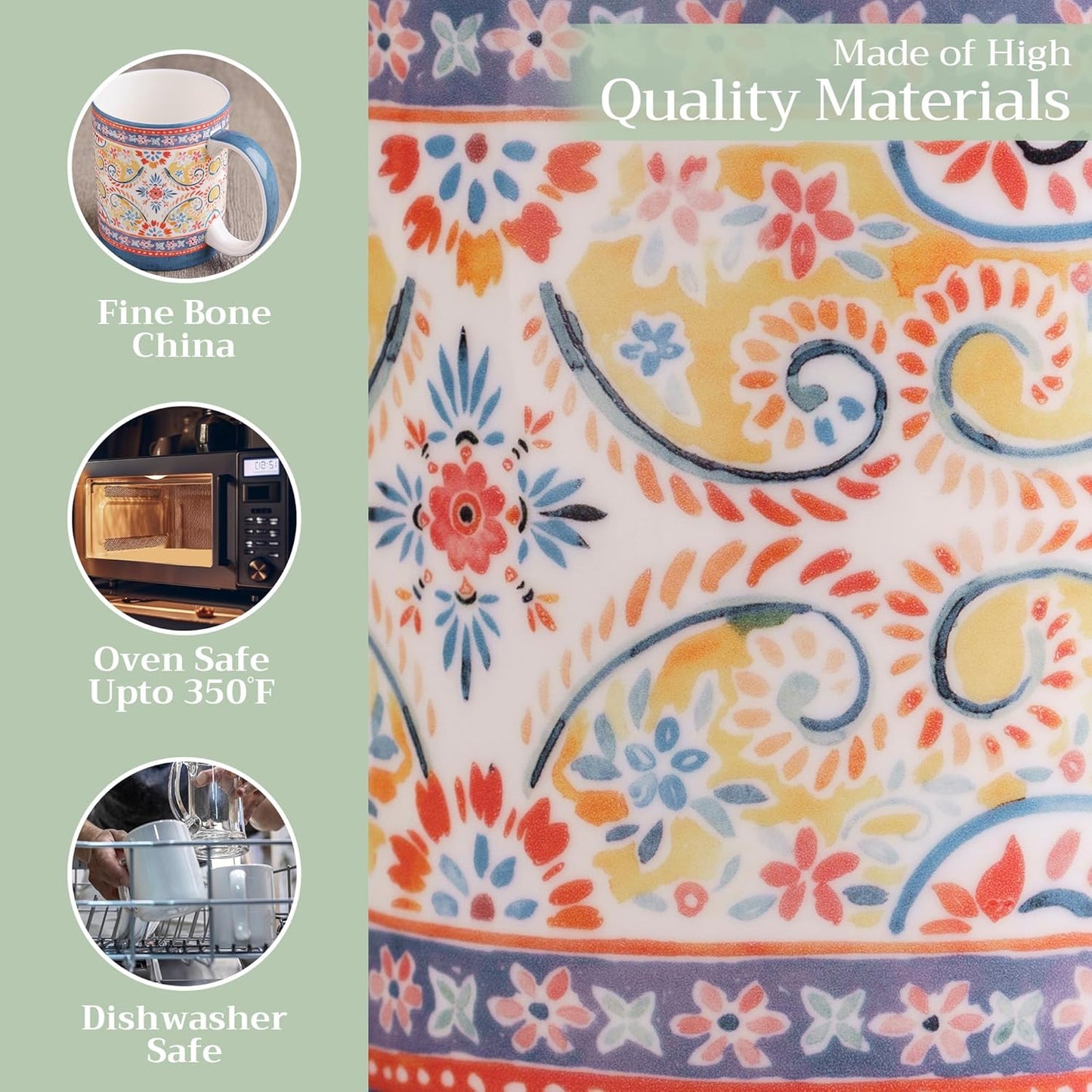 Maison d' Hermine Coffee Mug with Handles Fine Bone China Mugs Pack of Two Tea Cups for Hot Beverages Cappuccino Latte Home Restaurant Office Perfect for Gift (Indian Floral, 15 Ounce)