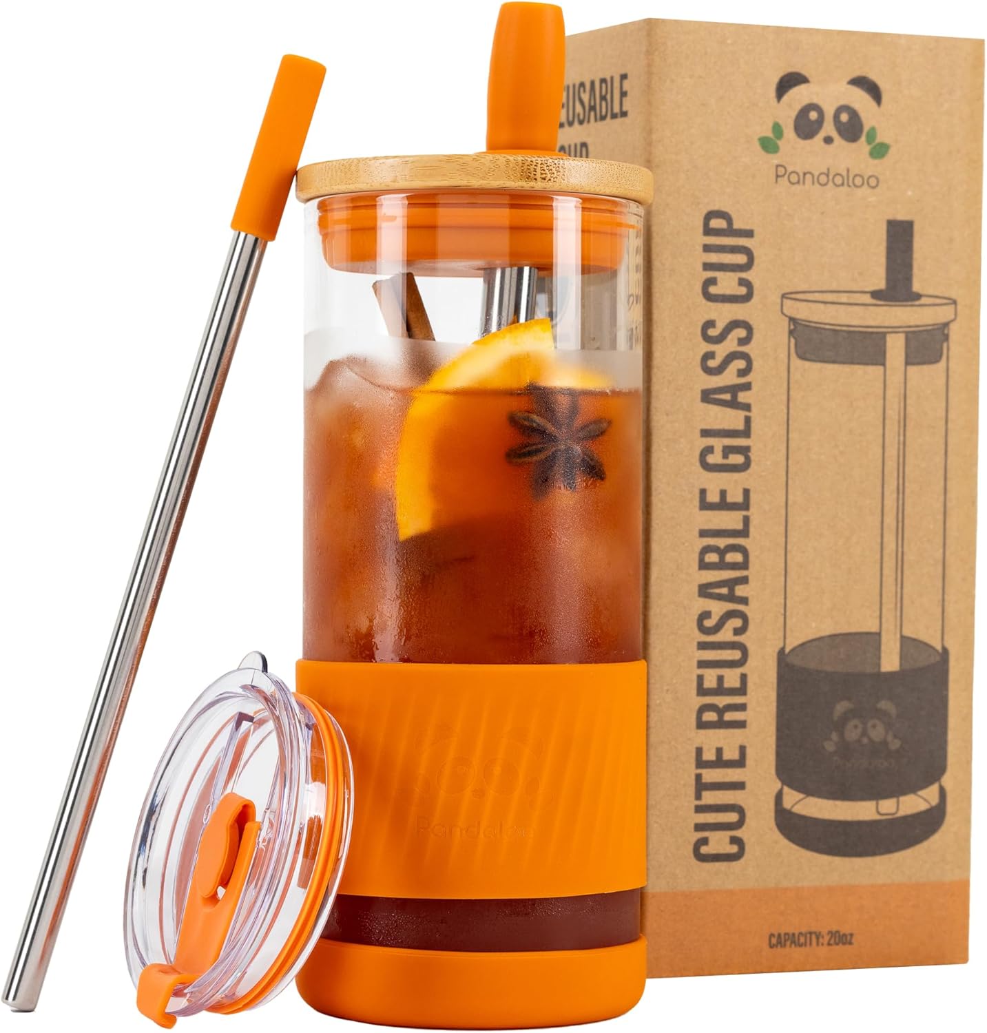 Pandaloo® Glass Cups With Lids and Straws -20 Fl Oz- Perfect Size Iced Coffee Cup - Smoothie Cup With Bamboo Lid and On the go Lid - Glass Tumbler With Straw (1 Count (Pack of 1), Autumn Gold)