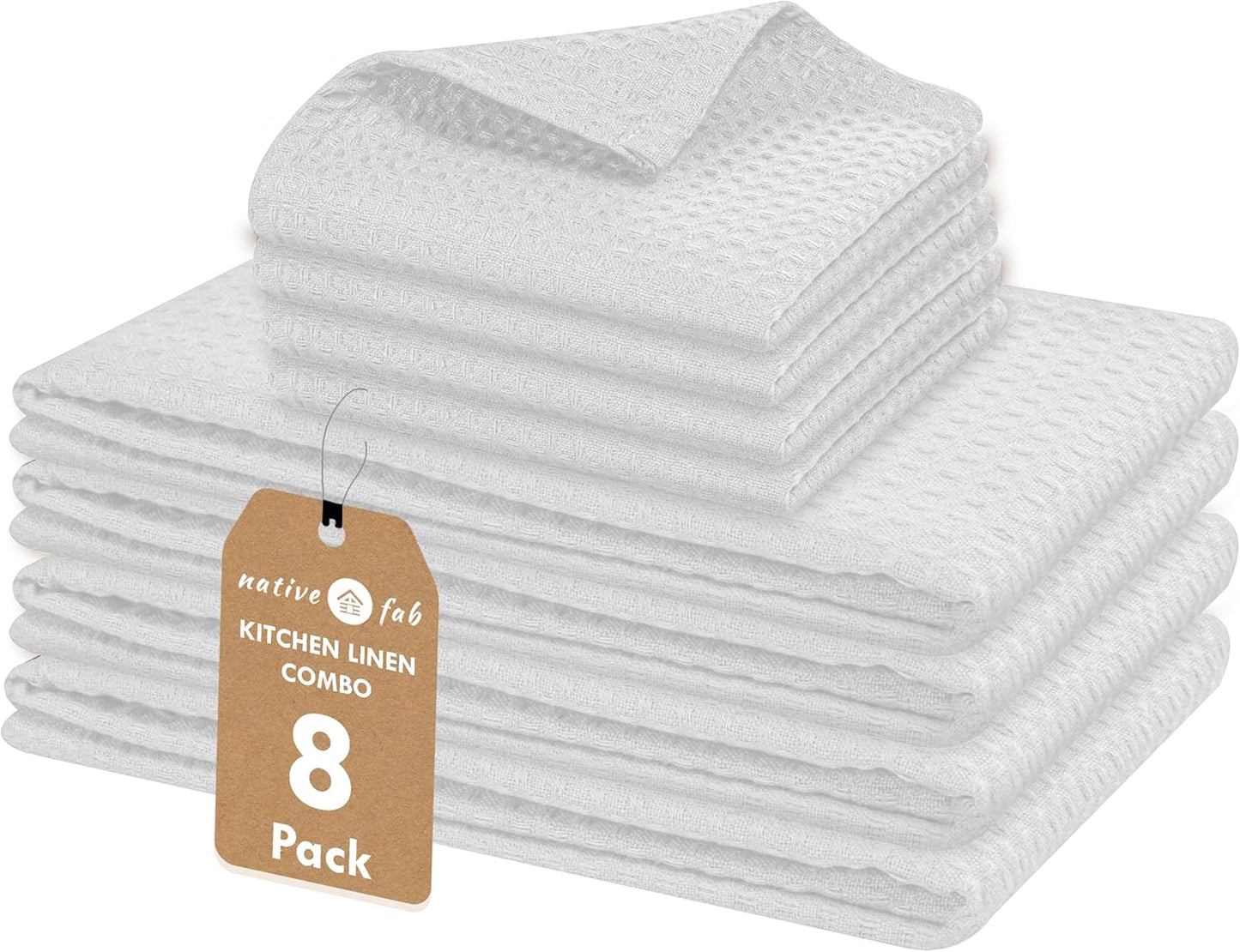 Native Fab Dish Towels & Dishcloths 8 Piece Set - 100% Cotton, Soft, Absorbent, Quick Drying Towel for Cleaning, Cooking, Baking - Machine Washable, Ideal for Home, Kitchen & Everyday Use - White