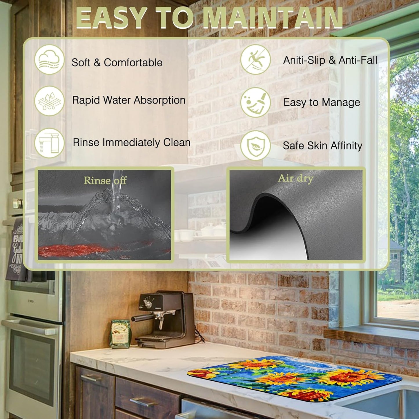 Kitchen Mat Oil Painting Sunflowers Dish Drying Mat 16"x24" Bsorbent Coffee Maker Mat for Sink Dishes or Under Rack Kitchen Counter Accessories Absorbent Hide Stain Rubber Backed Dish Drying Pad