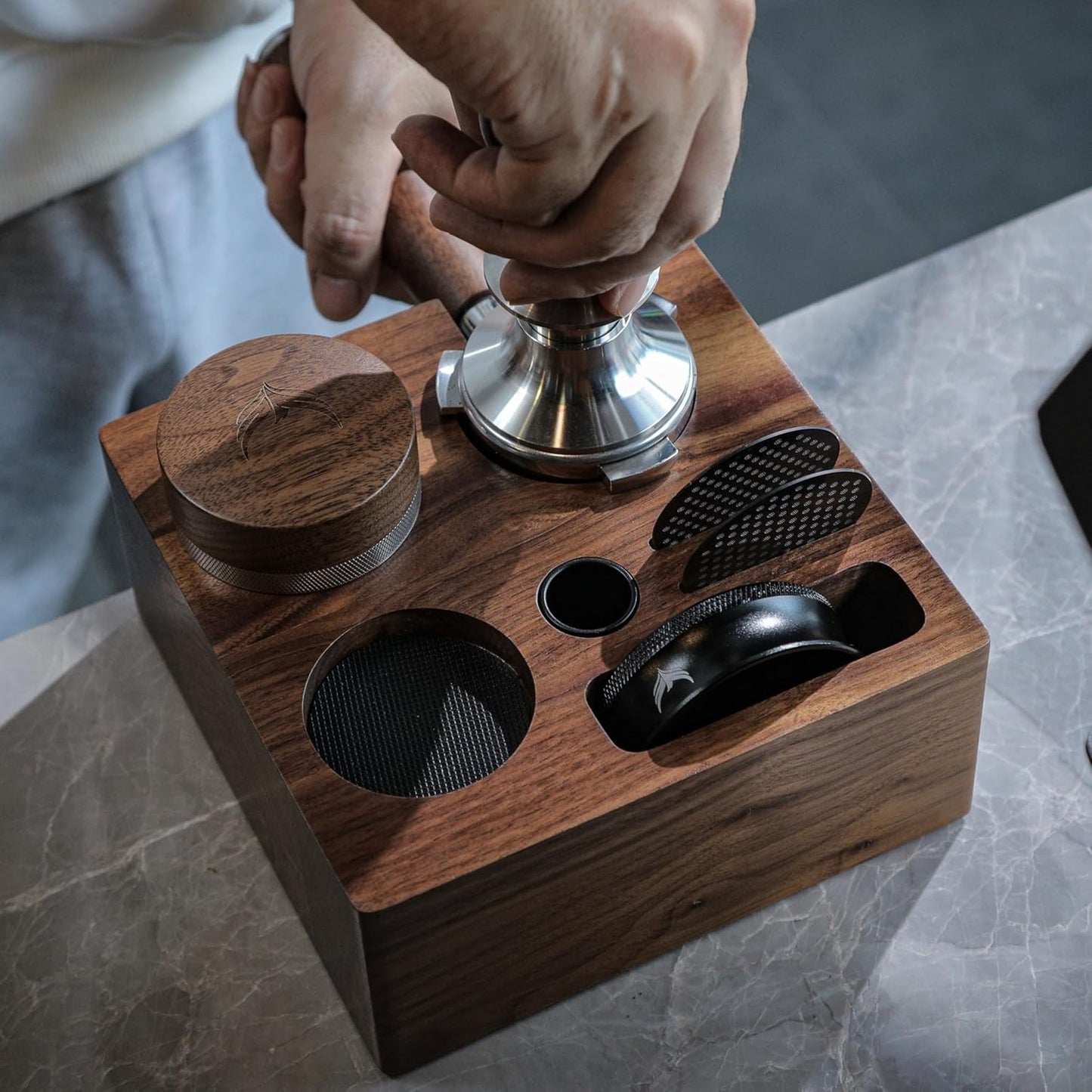 58mm Espresso Tamping Kit Walnut Tamper Station and Knock Box for Coffee Grounds Disposal and Tool Organization