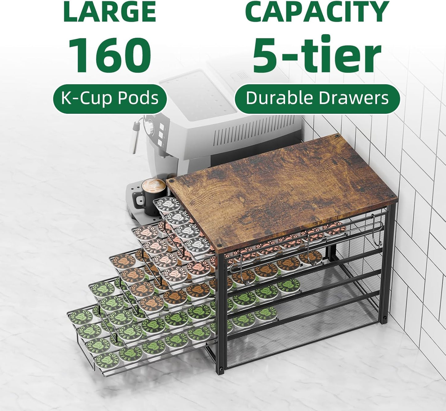 Simple Trending 5 Tier Coffee Pod Holder for K Cup, 160 Pod Pack Capacity Rack, Wood, Black