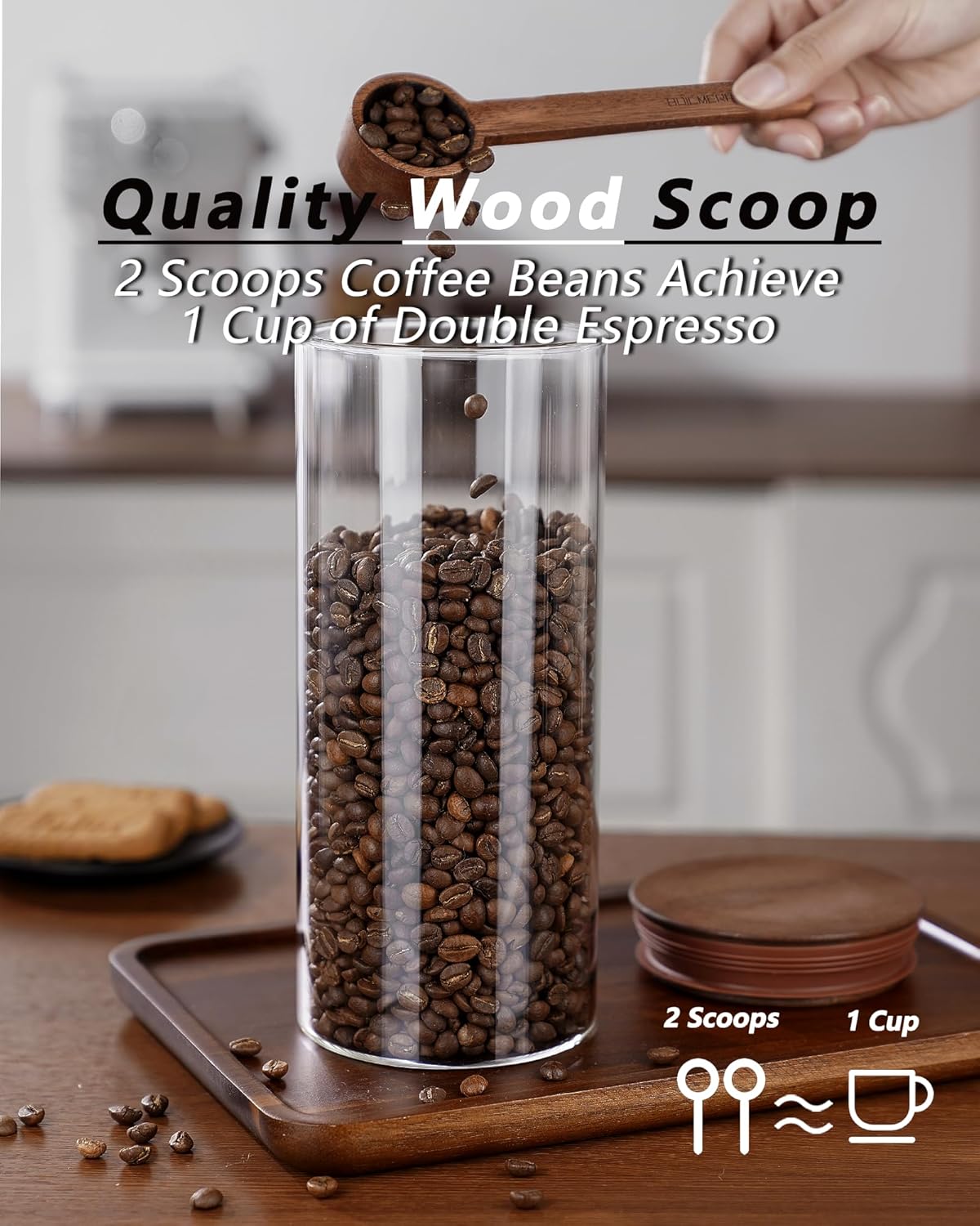 50 oz Coffee Canister with Scoop and Wooden Lids, Airtight Glass Coffee Jars Set of 2 for Ground Coffee, Coffee Beans Storage Container with Lids for Kitchen Brown Sugar, Coffee Bar