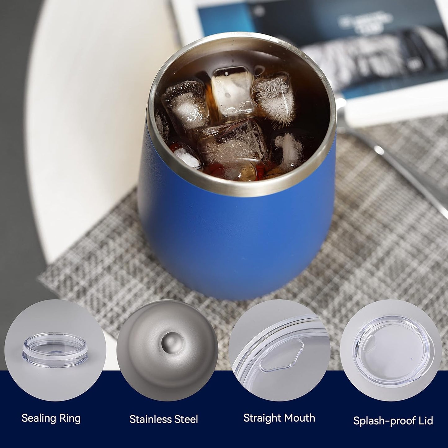 DOMICARE Stainless Steel Wine Tumbler Bulk with Lid, Personalized Insulated Tumblers Set, 12oz Travel Coffee Cups Pack of 4, Dark Blue