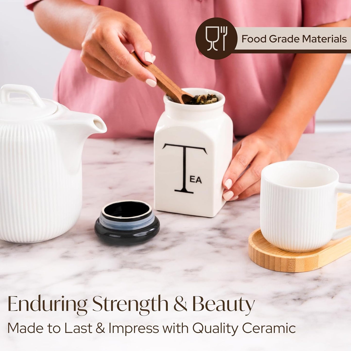 Ceramic Canister Set of 3 – Small Kitchen Canisters for Sugar, Coffee & Tea – Airtight Food Containers with Lids – Coffee Canister, Sugar Container, Tea Set