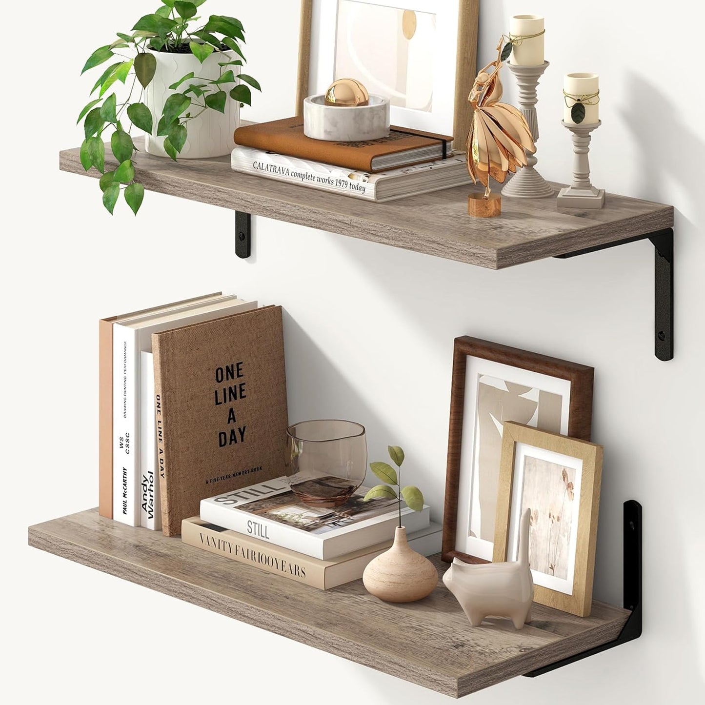 Fun Memories Deep Floating Shelves, 24W x 8D Floating Shelves Set of 2, Wall Mounted Shelf with Metal Brackets, Rustic Wood Wall Shelf for Bathroom, Kitchen and Living Room, Grey