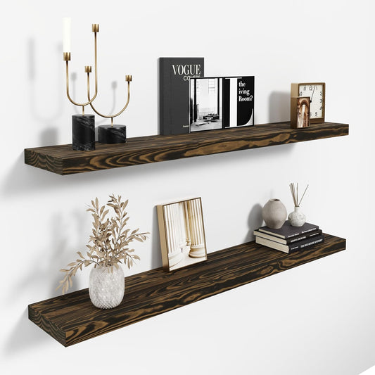 36'' Pine Wood Floating Shelves for Wall- Set of 2 - Rustic Wall Mounted Wooden Shelf for Stylish Home Décor (Dark Brown, 36x6.5x1.25)