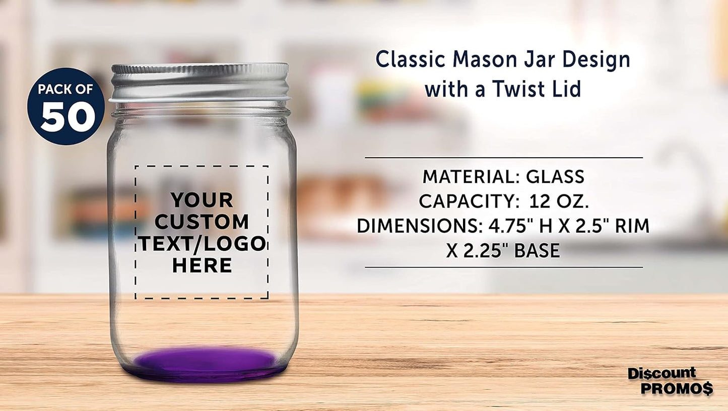DISCOUNT PROMOS 50 Decorating Mason Jars Set, 12 oz. - Customizable Text, Logo - Canning, Aluminum Lid - Purple