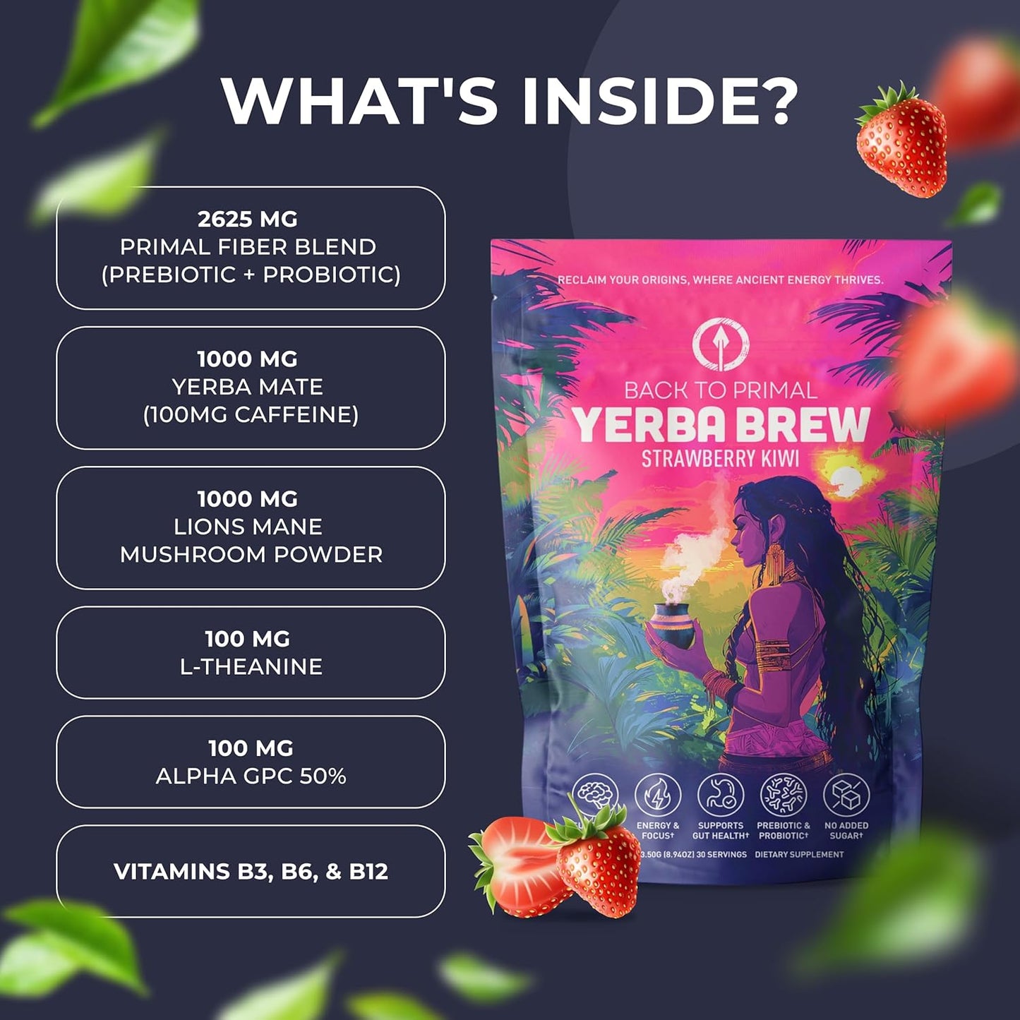 Yerba Mate Instant Tea Powder - Strawberry Kiwi, 4-in-1 Functional Blend, Supports Energy, Focus and Gut Health - Nootropic, Prebiotic & Probiotic Mix with Vitamin B3, B6 & B12 | 30 Servings