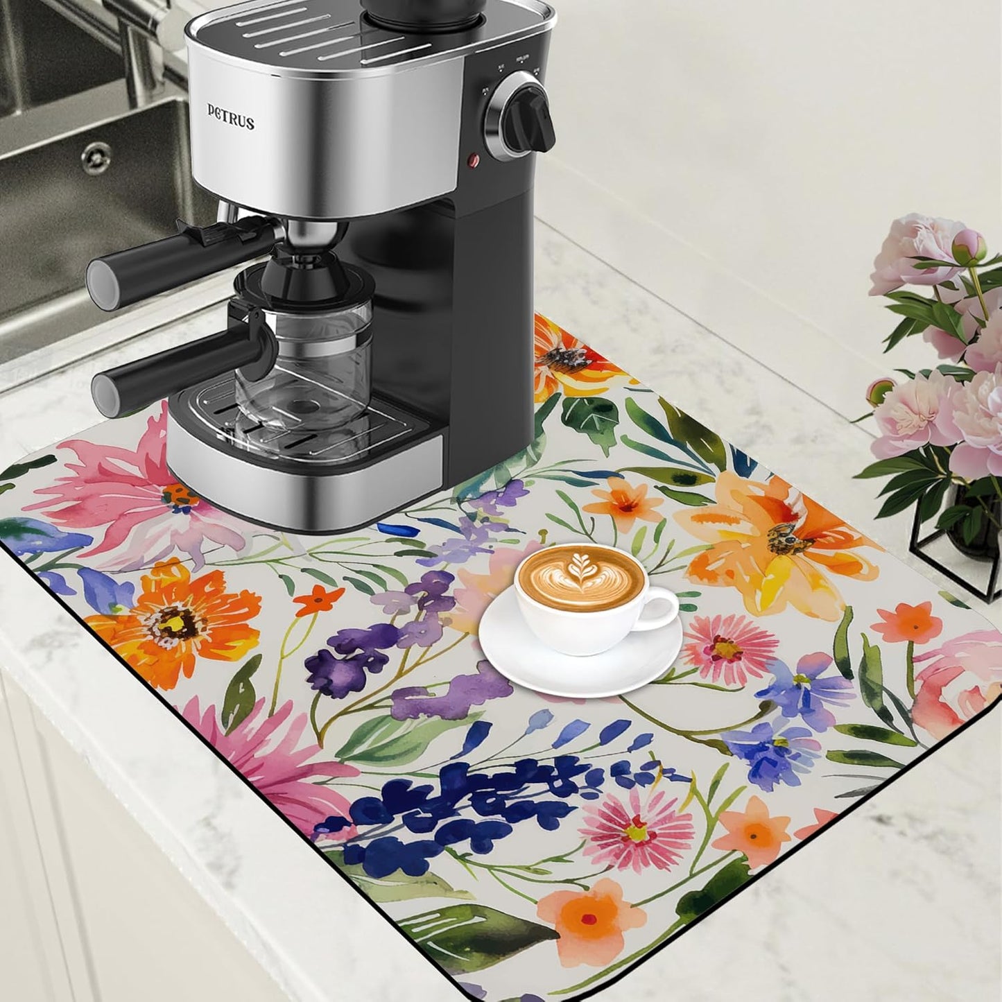 Dish Drying Mat Colorful Wildflowers Coffee Bar Mat for Countertop Rubber Backed Absorbent Hide Stain Dish Drainer Rack Pad Espresso Machine Coffee Table Dining Room Decoration 15.7 x 23.6 Inch