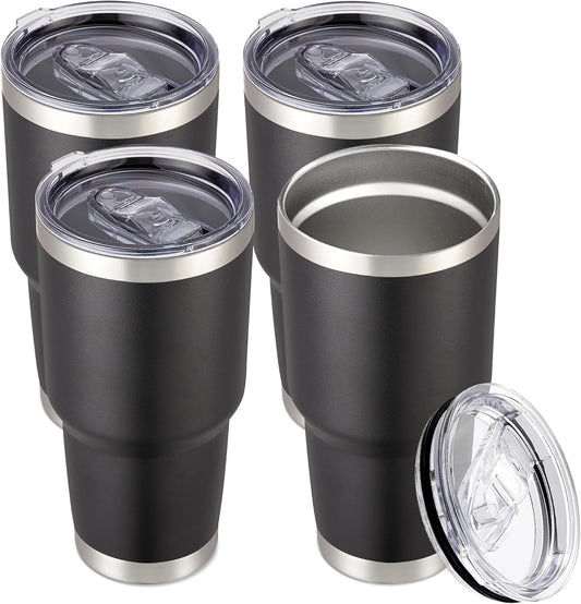 30 oz Tumbler with Lid Stainless Steel Tumblers Bulk Vacuum Insulated Cup Reusable Powder Coated Travel Mug Double Wall Leak Proof Cups Keep Cold Drinks for 12 Hours Black, Set of 4