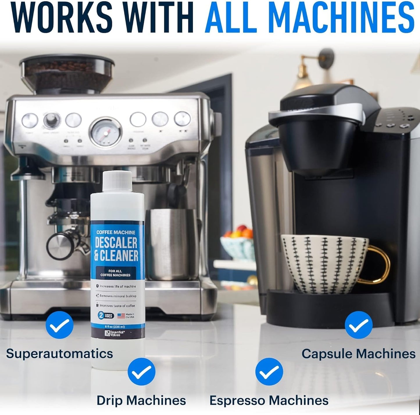 Essential Values Descaling Solution (8 fl oz / 236 ml) – Coffee Maker Cleaner for Nespresso, Keurig, Breville & More – Works on All Machines & Espresso Makers – Made in USA