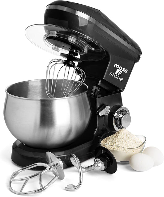 Moss & Stone Black Stand Mixer, 6 Speed Electric Mixer With 5.5 Quart Stainless Steel Mixing Bowl, Black Body Kitchen Mixer With Dough Hook, Egg Whisk, Beater & Baking Spatula, Classic Food Mixer