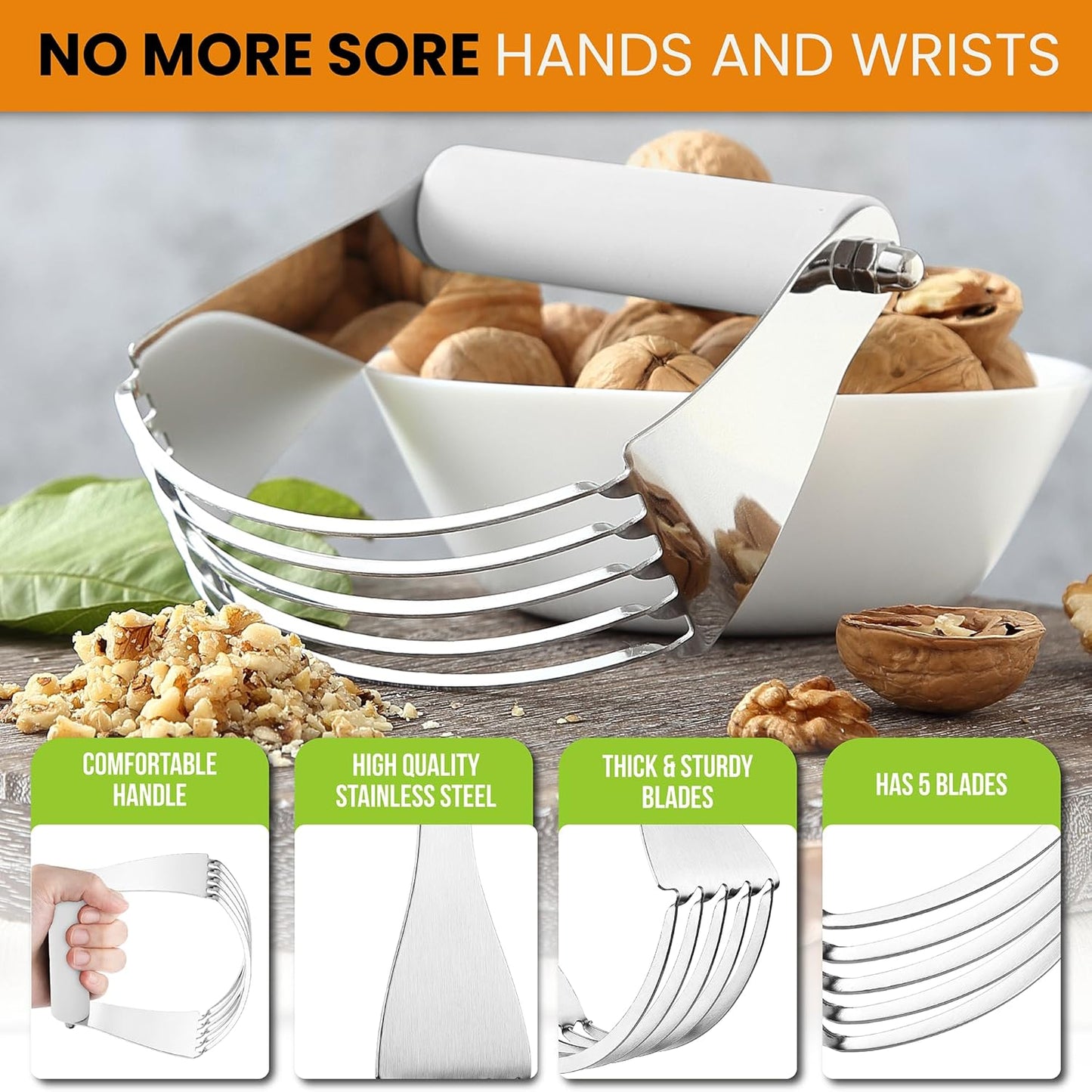 Spring Chef Professional White Dough Blender For Baking, Dough Cutter Tool, Stainless Steel Puff Pastry Cutter Tool with Sharp Blades, Dishwasher Safe Pastry Blender for Easy Mixing - Large Size