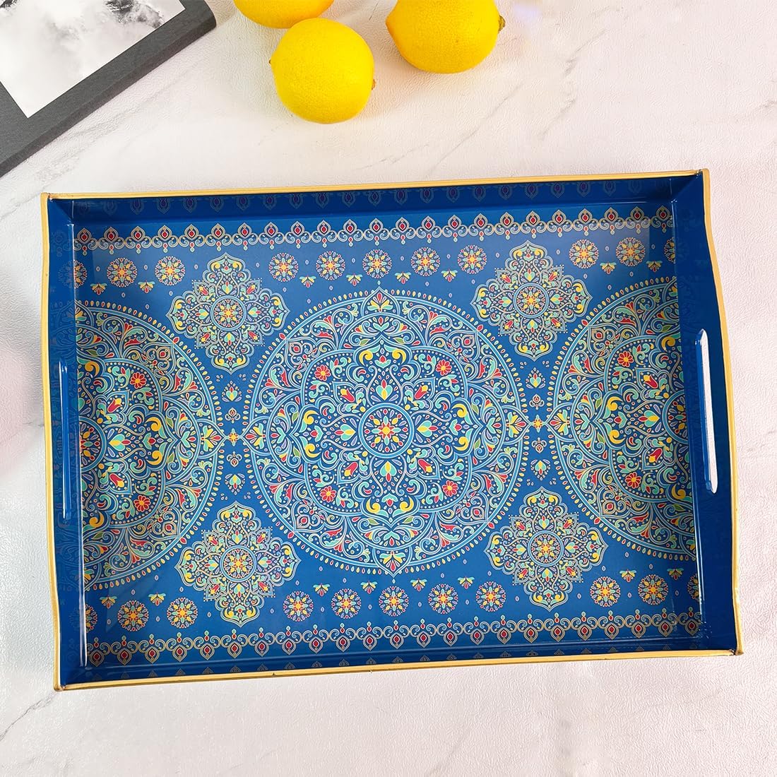 Boho Blue Decorative Tray, Serving Tray with Handles, Plastic Tray for Coffee Table, Ottoman - Ideal for Living Room & Bathroom. 15” x 11” x 2.5”