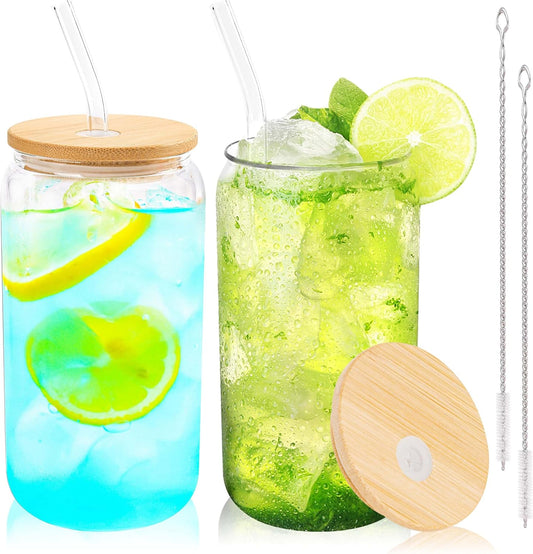 Joyclub Glass Cups with Bamboo Lids and Straws 2 Set 16 oz Reusable Iced Coffee Cup Beer Can Drinking Jars for Smoothie Whiskey Boba Soda Tea Gift