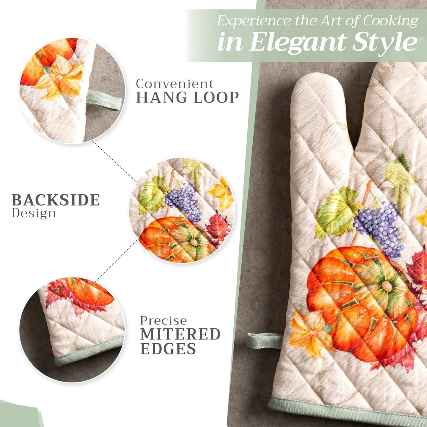 Maison d' Hermine 100% Cotton Oven Mitt & Pot Holder Set (7.5"x13" & 8"x8") Heat Resistant BBQ Cooking Gloves with Loop, Baking, Grilling, Kitchen, Handling Hot Pans (Lumina)