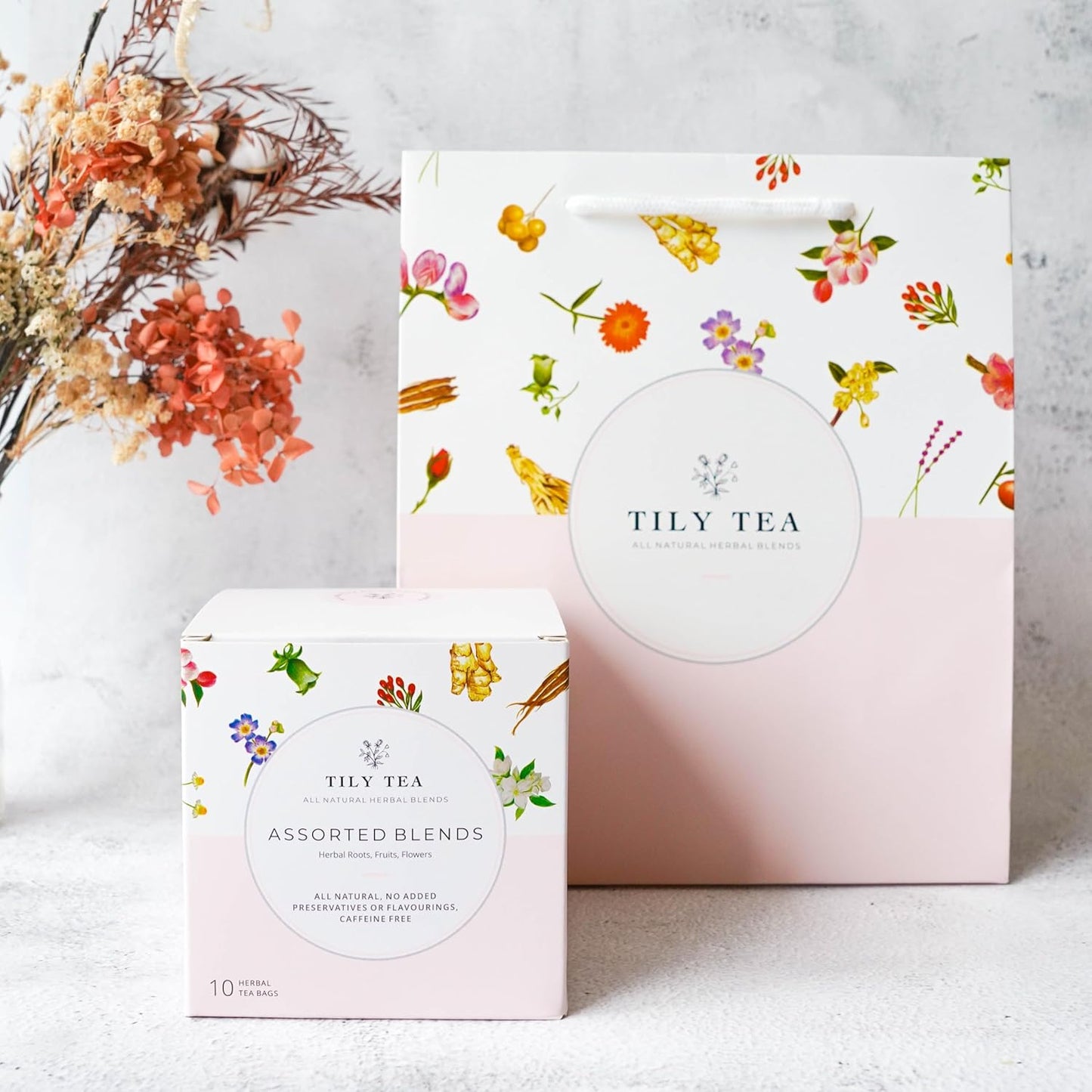 Tily Tea Assorted Herbal Tea Box - 5 Flavors of Caffeine-Free Tea - Morning Shine, Through the Day, Evening Calm, Perfect Pairing, Radiant Glow - 10 Plastic-Free Pyramid Tea Bags