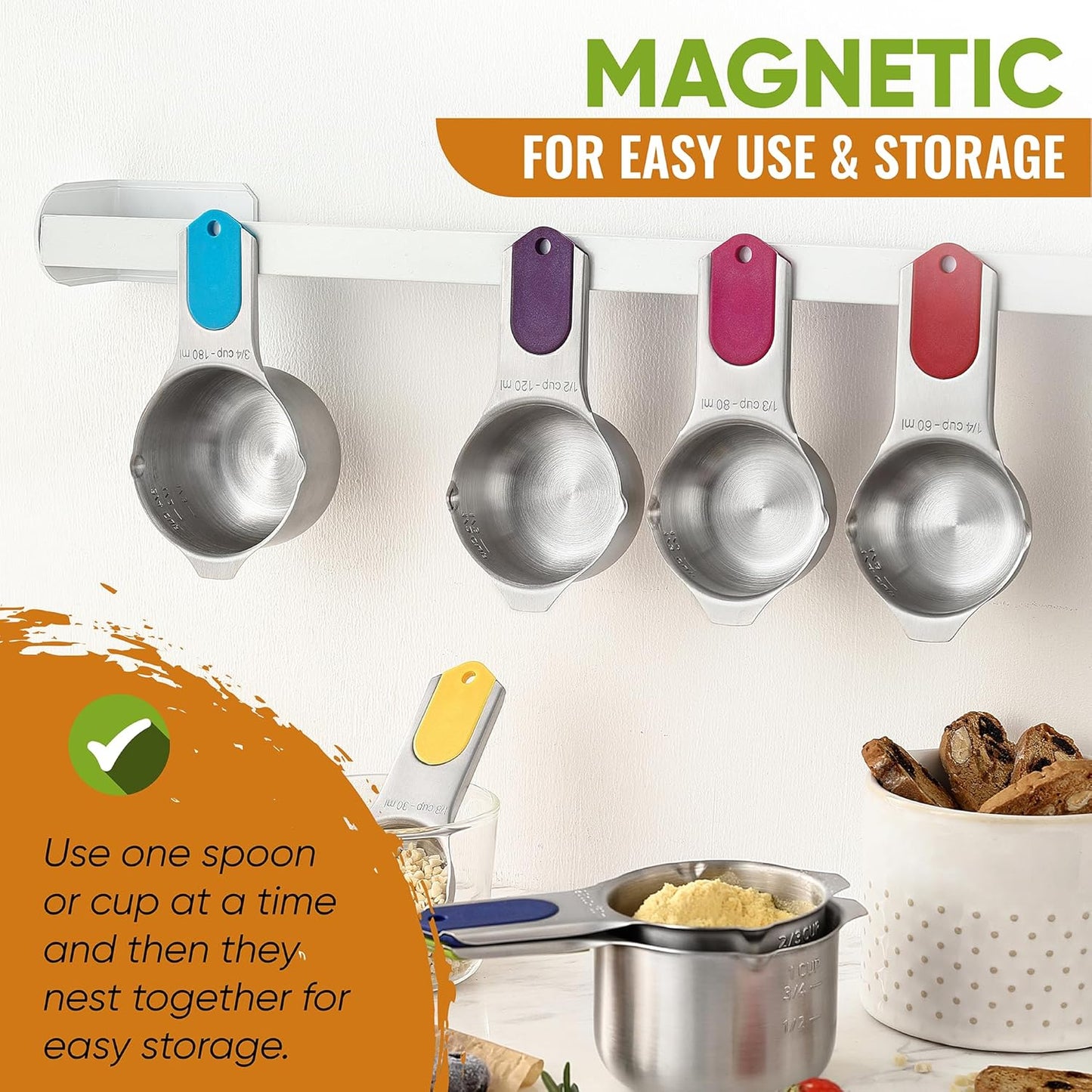Spring Chef Magnetic Measuring Cups & Spoons Set (Patent Pending), Strong N45 Magnets, Heavy Duty Stainless Steel Fits in Spice Jars for Baking & Cooking, BPA Free, Set of 15 with Leveler, Multicolor