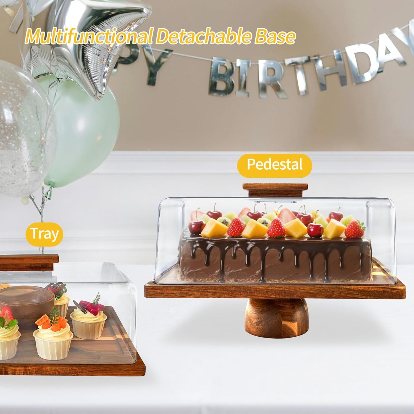 Wood-Rectangular-Cake-Stand with Acrylic Dome Lid, Wooden Cake Holder Plate with Cover, 2-in-1 Dessert Table Display Set for Party, Charcuterie Board for Cheese, Chips & Dips, Nachos, Fruit Platter