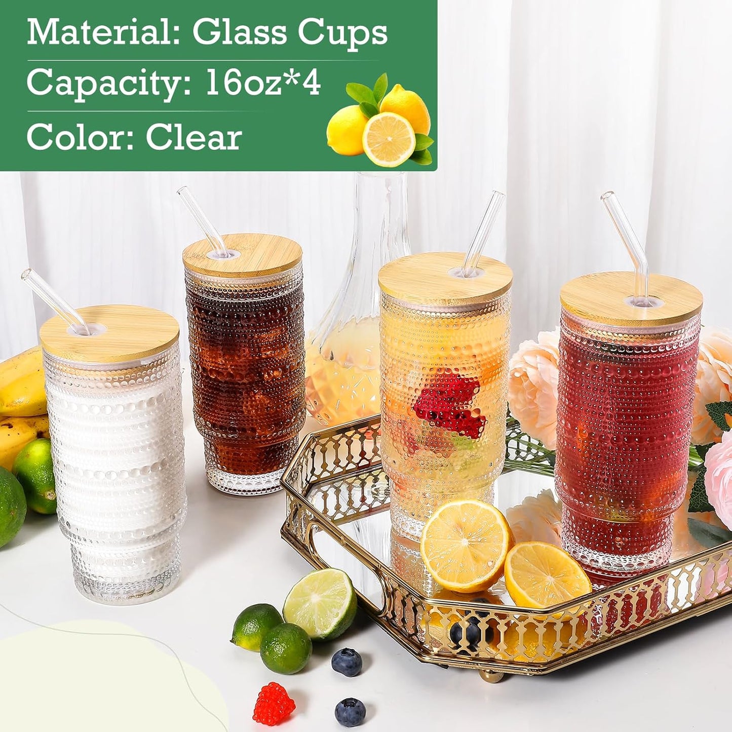 16 Oz Glass Cups with Lids and Straws, Vintage Embossed Glassware for Whiskey Cocktail Beer, Iced Coffee Cup with Lid, Glass Tumbler (2 PACK)