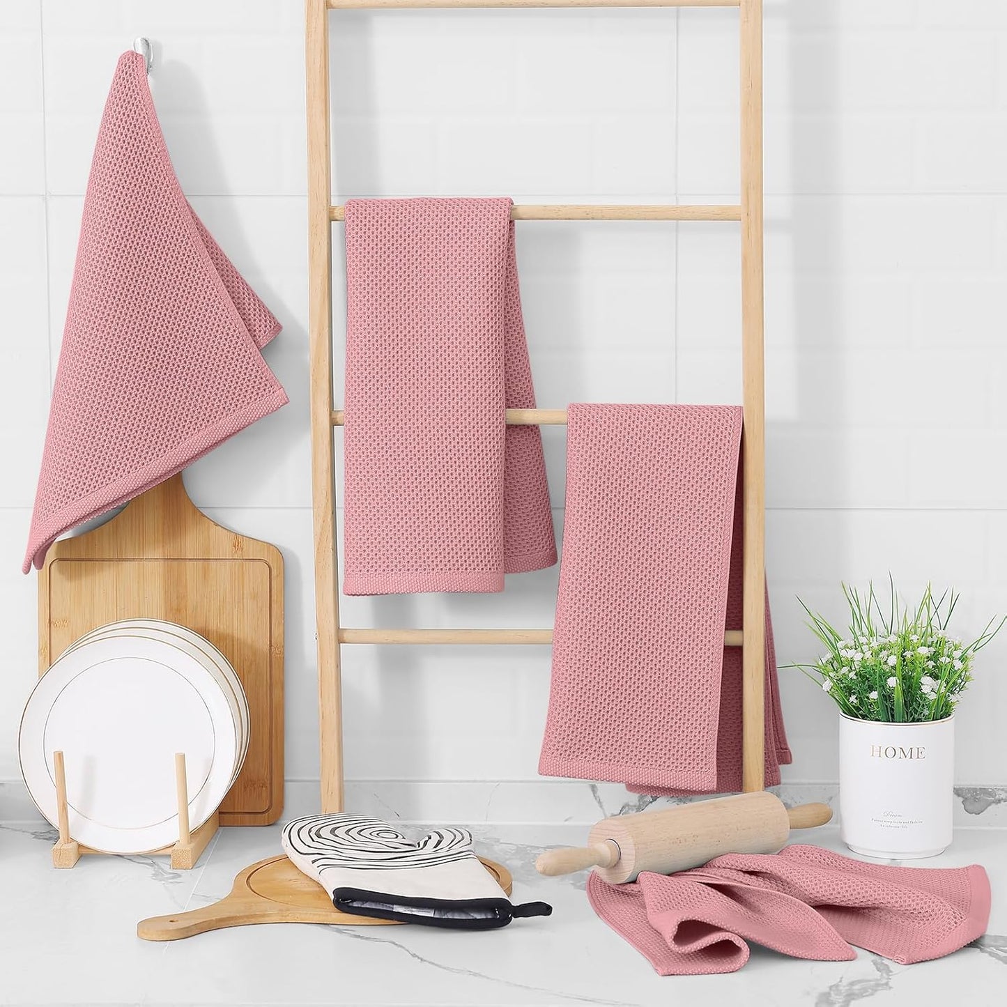 Homaxy 100% Cotton Waffle Weave Kitchen Dish Towels, Ultra Soft Absorbent Quick Drying Cleaning Towel, 13 x 28 Inches, 12-Pack, Dried Rose