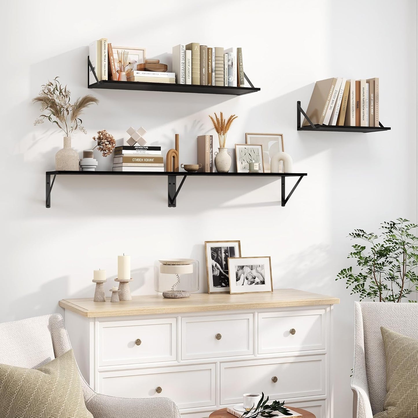 Heimlove Black Deep Floating Shelves for Wall, 30W x 8D Wood Wall Shelves Set of 2, Wide Floating Bookshelf for Living Room, Kitchen, Office, Bedroom and Decor Storage, with Metal Bracket - Black