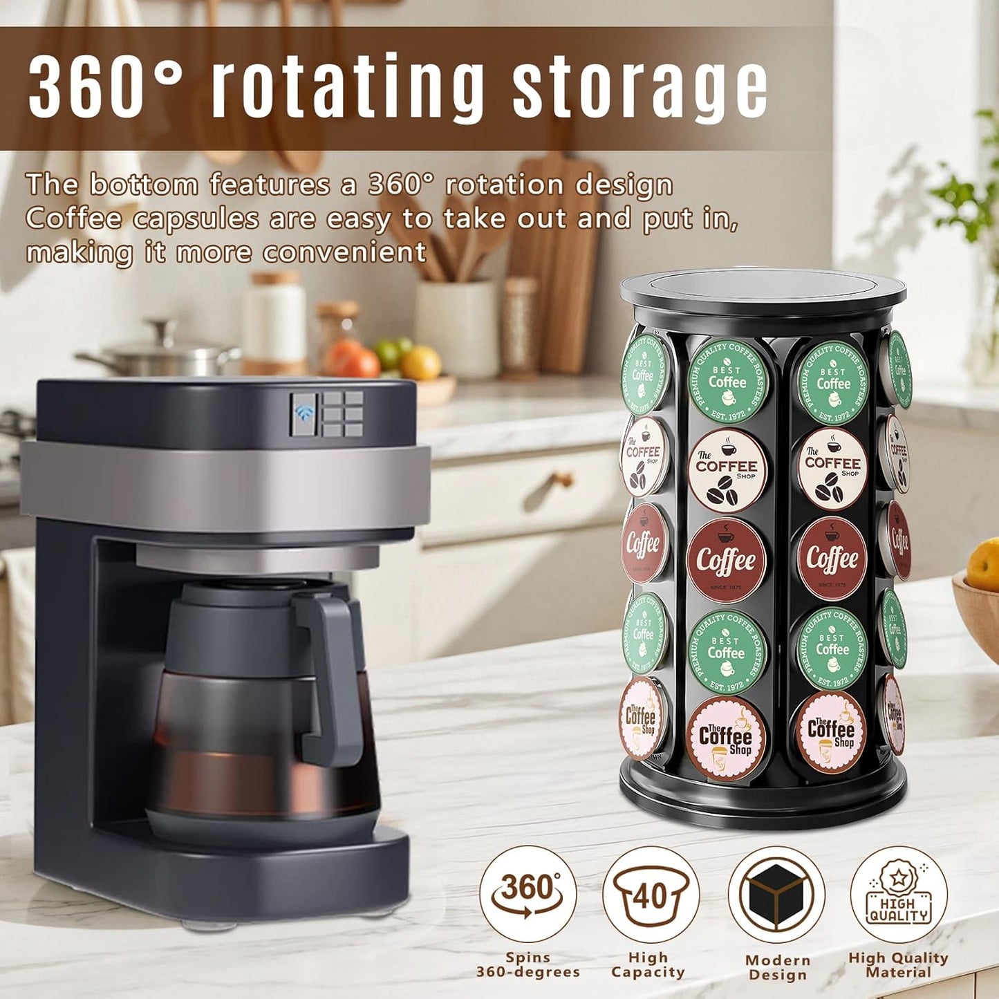 K Cup Holder, Coffee Pod Storage Carousel Holder Organizer Compatible with 40 Keurig K-Cup Pods, Home or Office Kitchen Counter Organizer（Black）