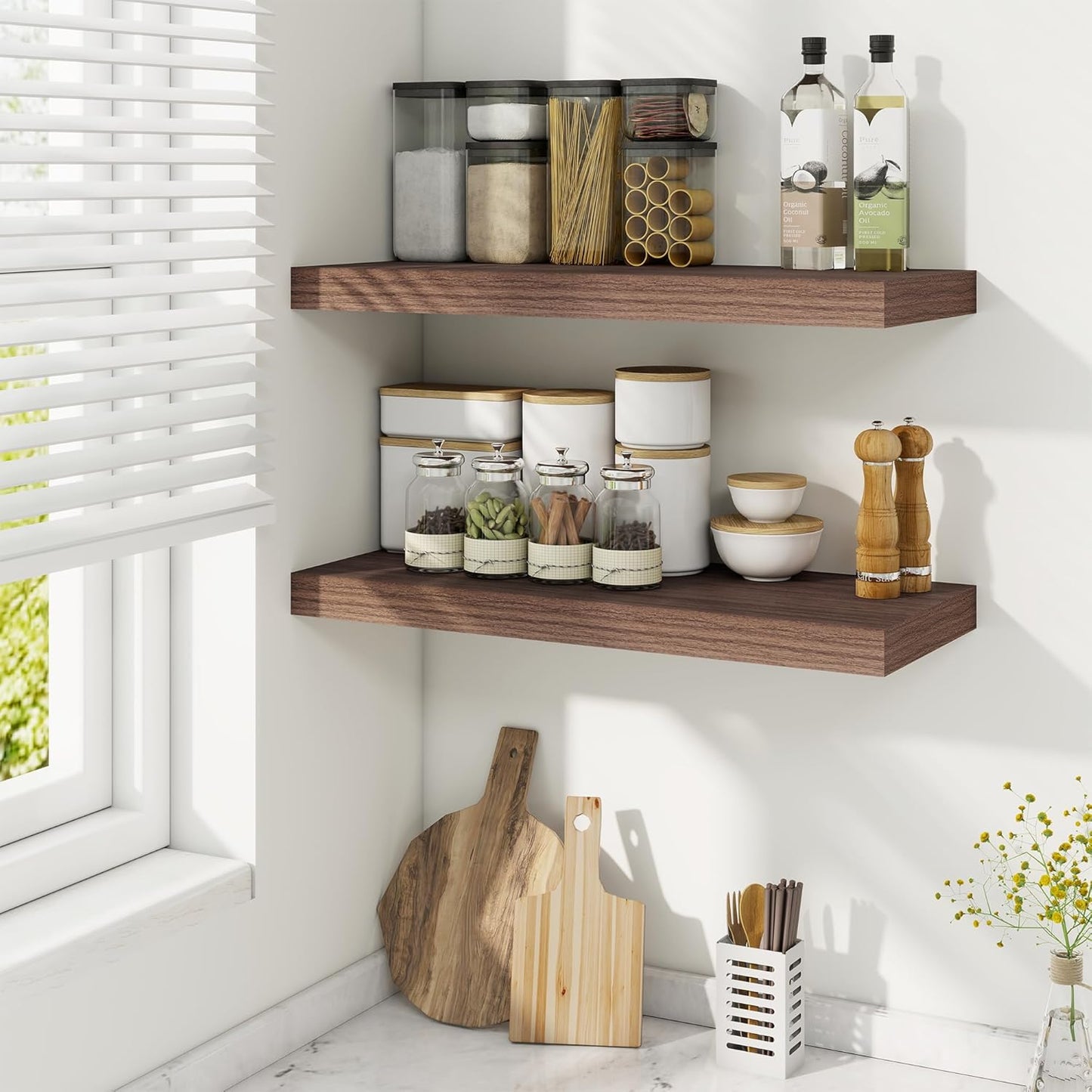 Fun Memories 24 Inch Floating Shelves for Wall, 9 Inch Deep Walnut Rustic Wood Wall Mounted Shelves for Bathroom, Kitchen, Living Room, Set of 2