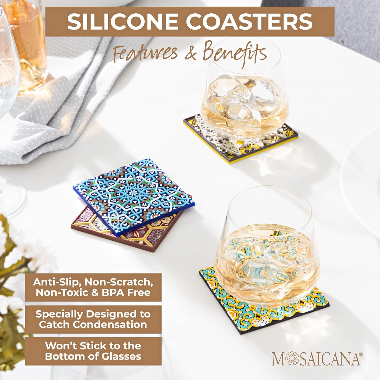 Sirius Silicone Coasters Set of 4, Protect Against Water Marks or Damage - Fits All Cups, 3.5" Inch Size, Colored