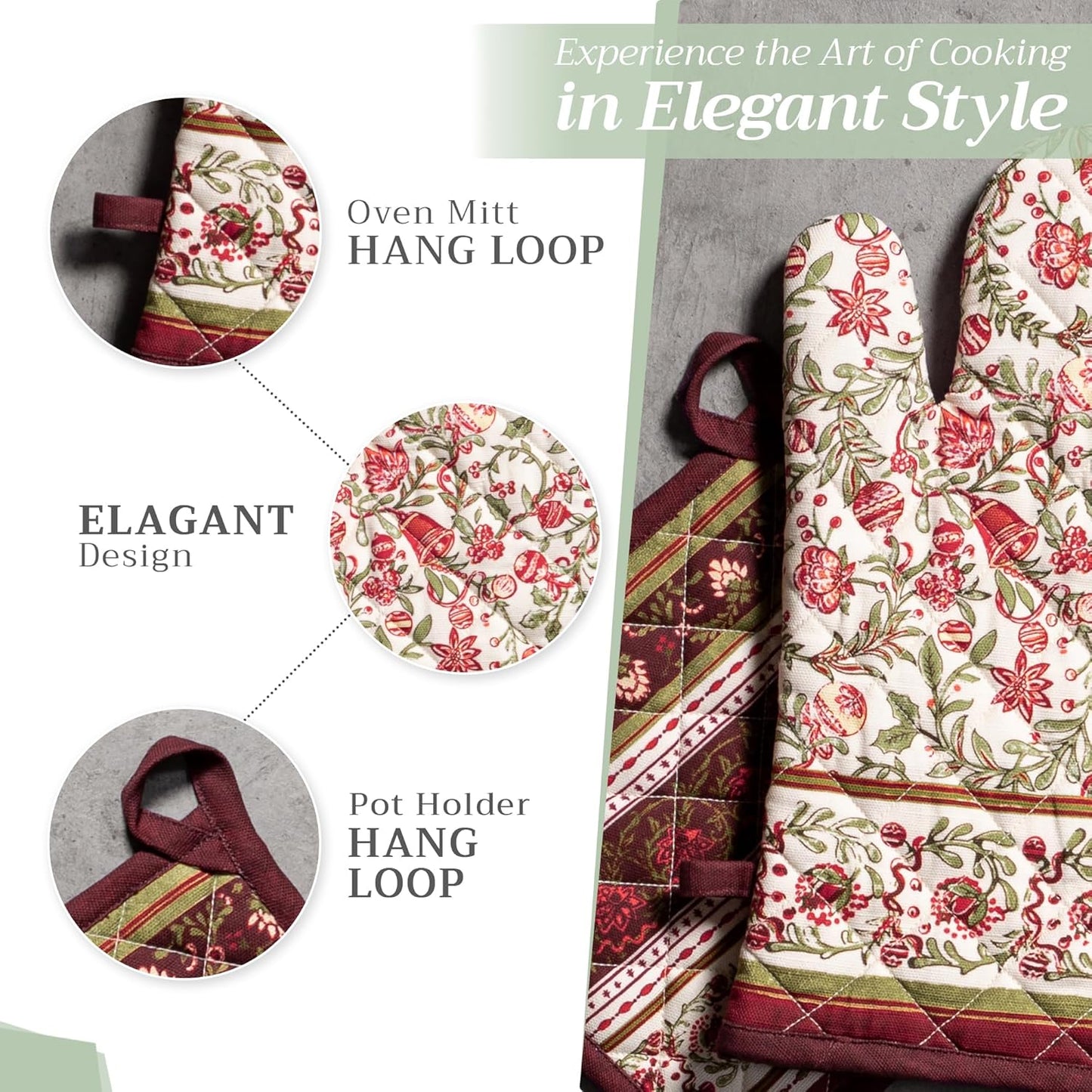Maison d' Hermine 100% Cotton Oven Mitt & Pot Holder Set (7.5"x13" & 8"x8") Heat Resistant BBQ Cooking Gloves with Loop, Baking, Grilling, Kitchen, Handling Hot Pans (Reveillon Au Jardin)