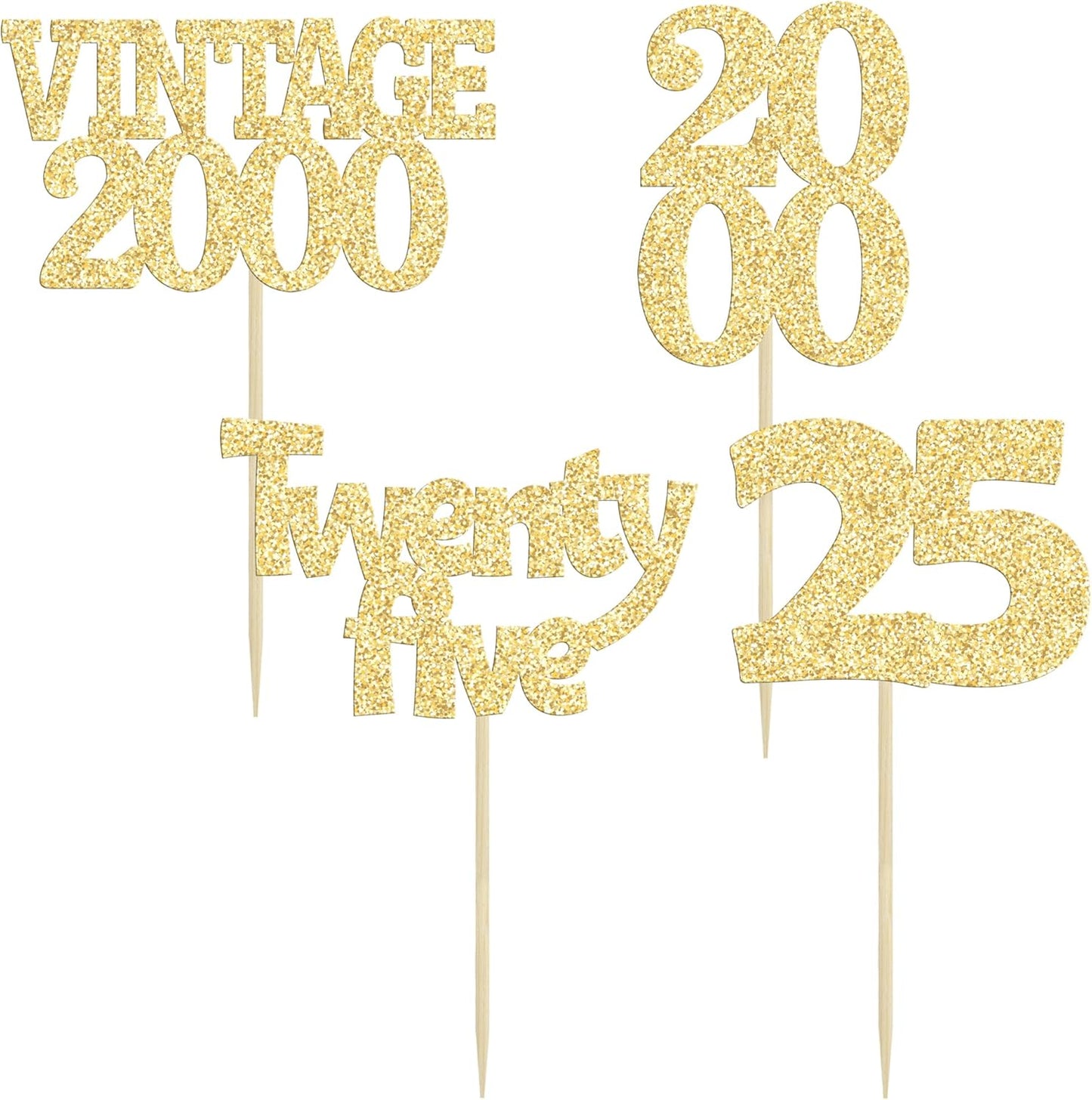 Gyufise 24Pcs Cheers to 25 Cupcake Toppers Glitter Twenty-five Vintage 2000 25th Birthday Cupcake Picks Hello 25 Years Birthday Cake Decorations for Happy 25th Anniversary Party Supplies Gold