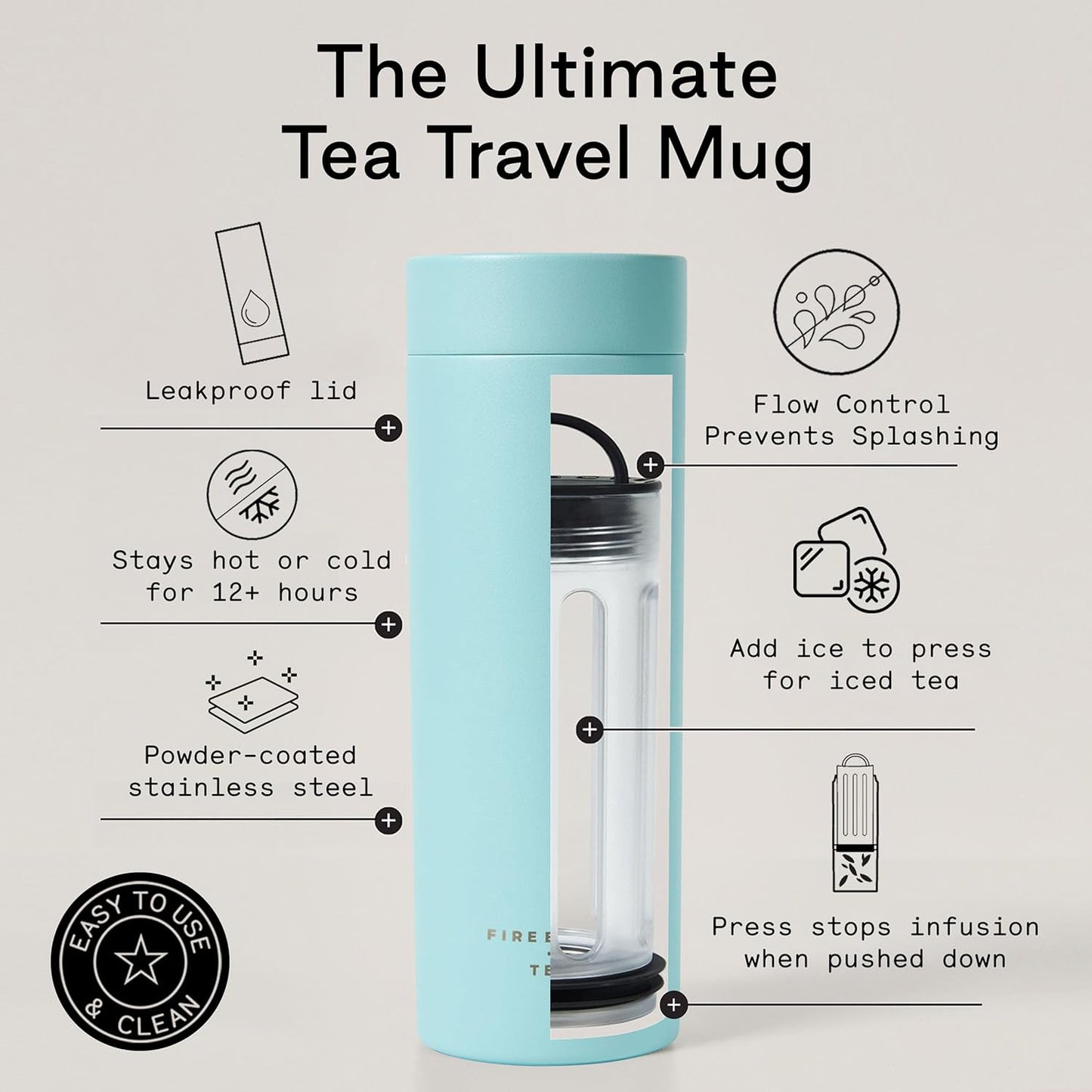 Firebelly Tea, Travel Tea Infuser Mug with Strainer, Insulated Tumbler for Loose Leaf Tea or Coffee, Leakproof Bottle for Hot or Iced Drinks, Stainless Steel Thermos with Lid, Mer
