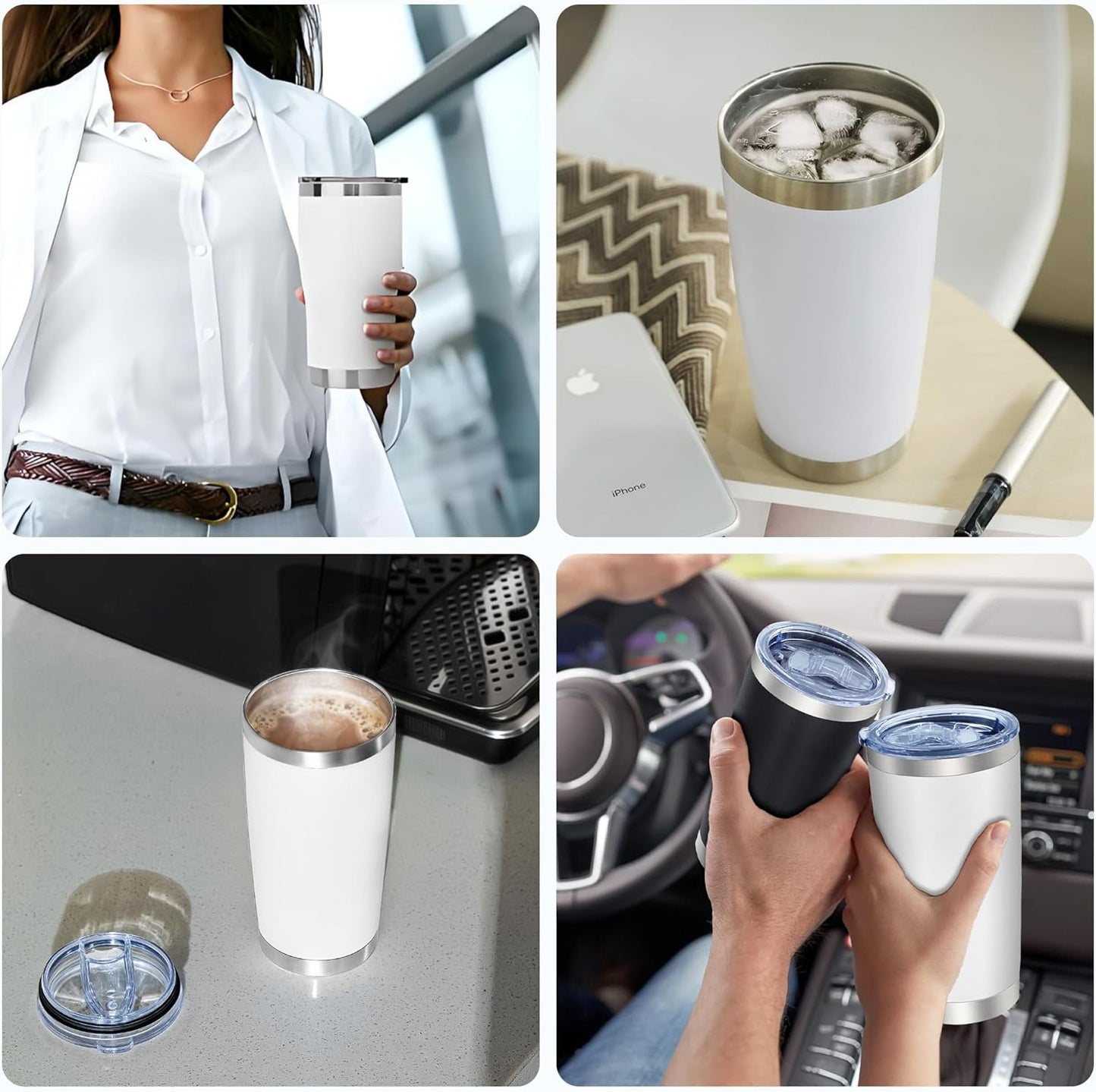 OMTech 20oz Tumblers Bulk, 12pc Stainless Steel Tumbler Set with Lid & Straw, Double Wall Vacuum Insulated Mug for Laser Engraver, Travel Coffee Mug for Hot & Cold Drinks, White Powder Coated Cup