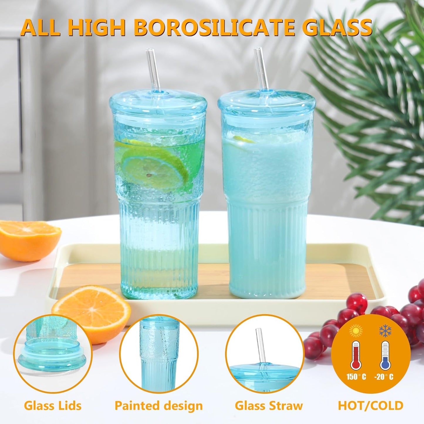 20 OZ Glass Cup with Lids and Glass Straws, High Borosilicate Iced Coffee Glass Tumblers with Lid and Straw for Drinks, 2pcs Reusable Wide Mouth Smoothie Cup(Blue)