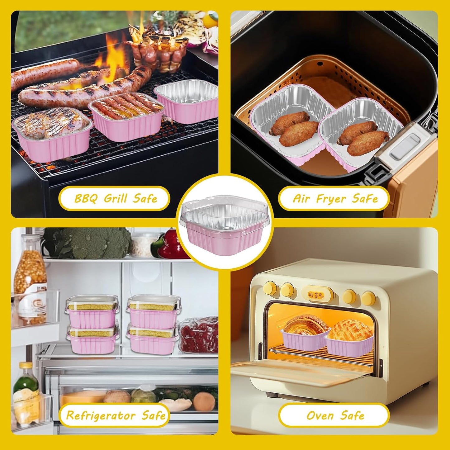 50 Pack Square Mini Cake Pans with Lids,Mini Loaf Pans with Lids,Aluminum Foil Baking Cups,Disposable Ramekins Cupcake Cups,Dessert Cups for Wedding Birthday Party Picnics,5oz (Pink)