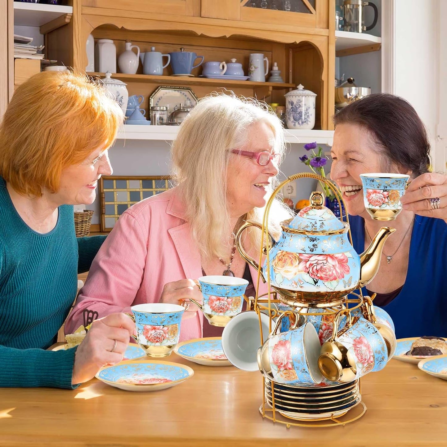 Zhehao 20 Pcs Porcelain Tea Set with Metal Holder and Spoon Adult Ceramic Tea Party Set European Flower Painting Teapot Cup Saucer Spoon Set for Women, Large Version(Simple Style)