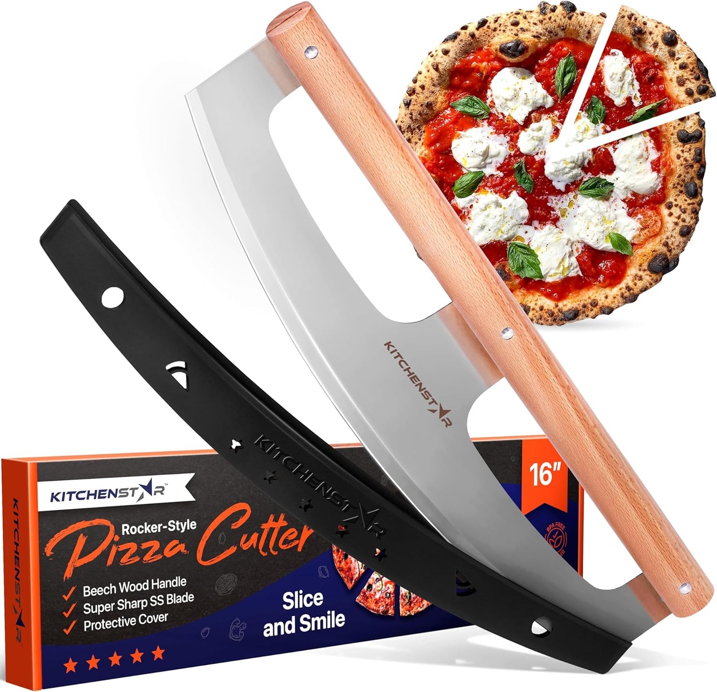 KitchenStar 16-Inch Pizza Cutter Rocker Blade - Razor Sharp Stainless Steel Slicer Knife, Stylish Beech Wood Handle, Protective Cover - Professional Pizza Oven Accessories, Silver