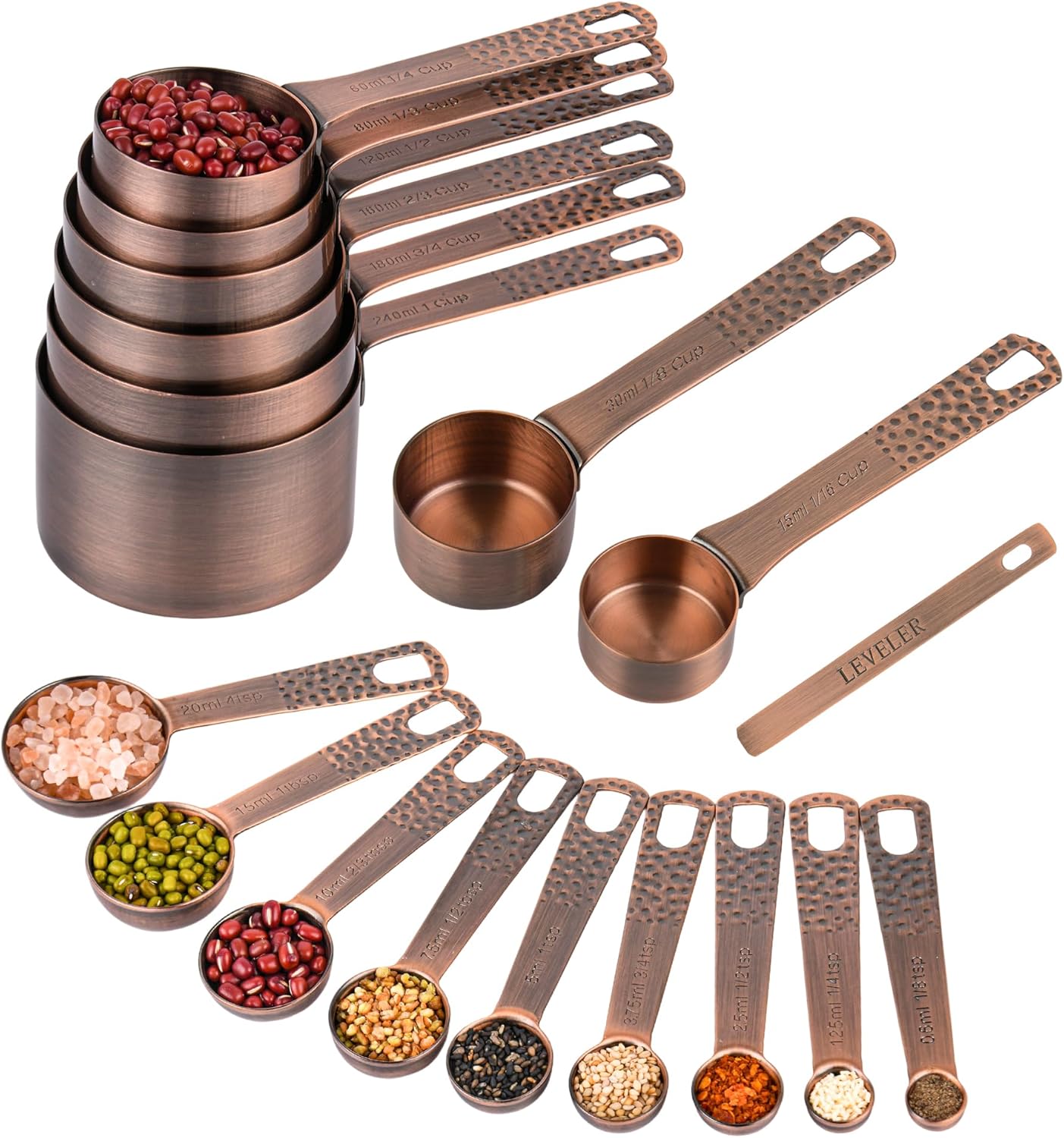 Copper Measuring Cups and Spoons Set 20 for Kitchen & Baking, Metric & US Stainless Steel Measure Cups and Spoons with Leveler for Dry & Liquid
