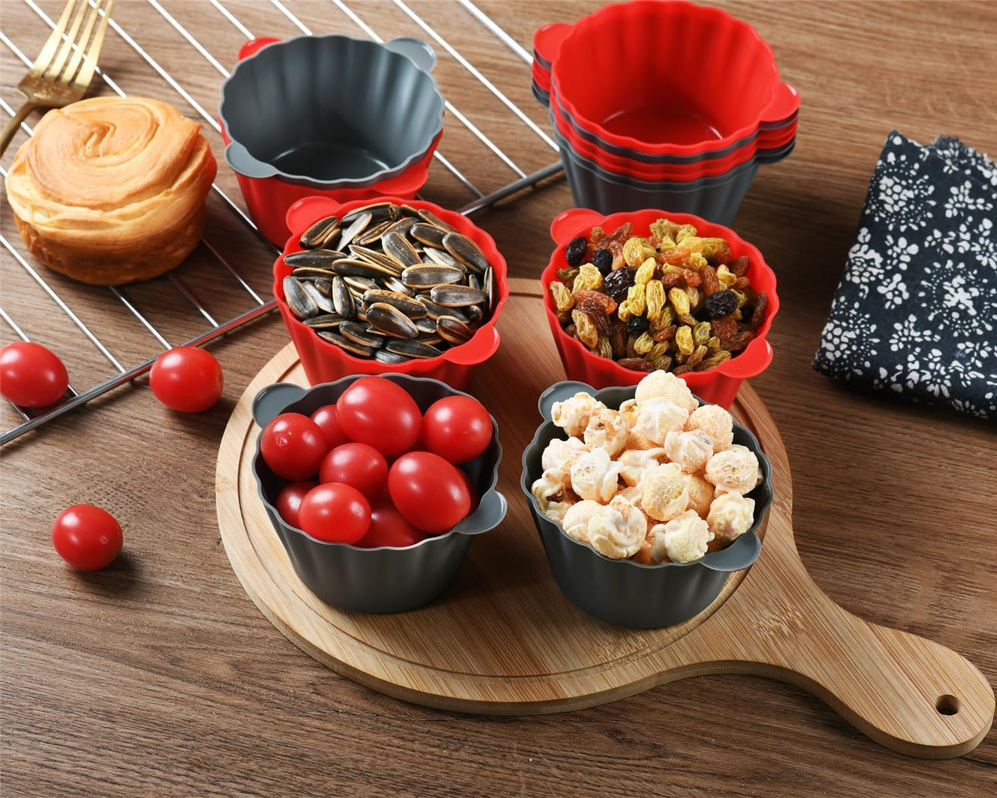 12 Pack Reusable Non-stick Large Silicone Baking Cups, 3.54 Inch Jumbo Silicone Cupcake Liners, Cake Molds with Handles, Large Muffin cups, Red and Gray