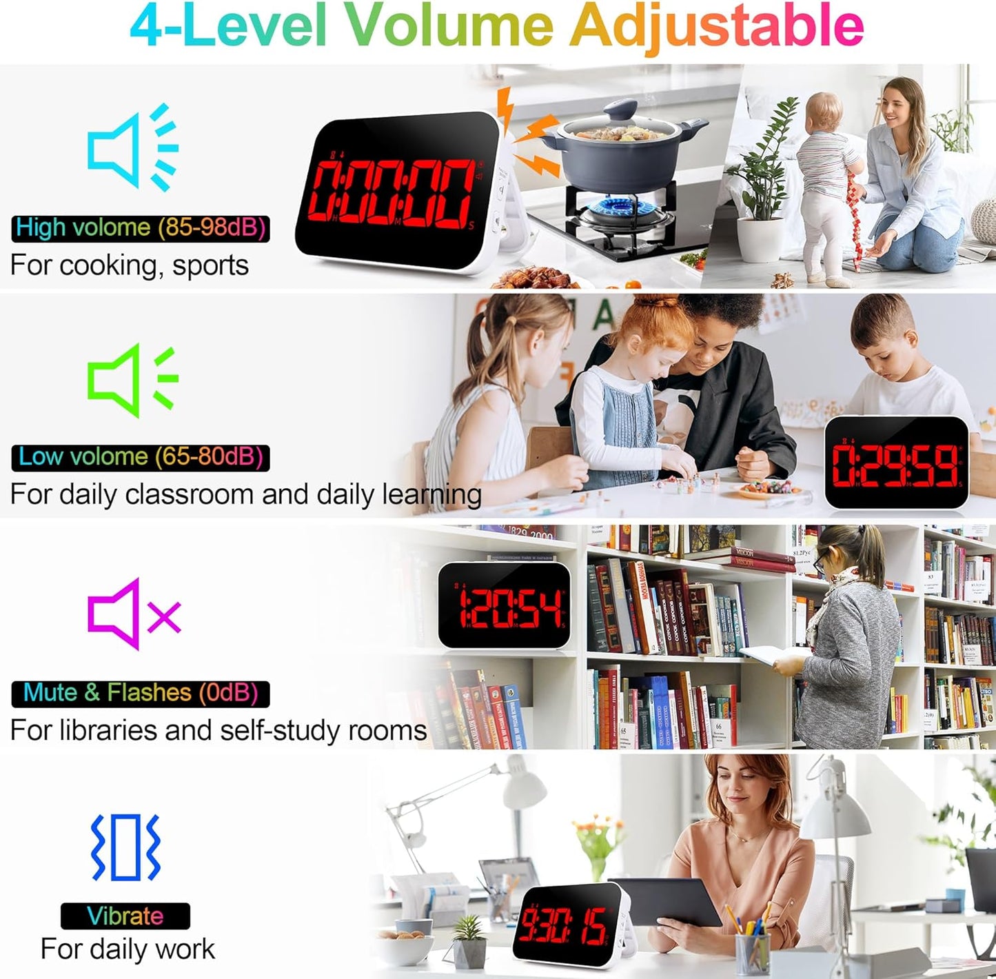 Digital Kitchen Timer, Rechargeable Magnetic Timer with Countdown/up, 5”LED Large Display 3 Brightness 4 Volume Adjustable for Cooking and for Seniors and Kids to Use-Red