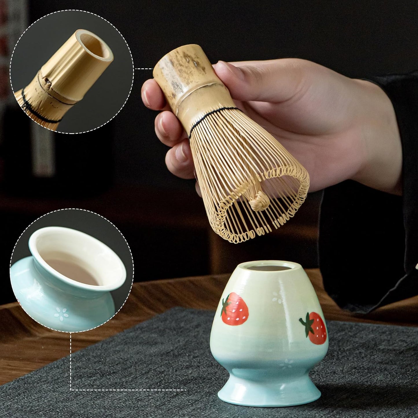 Matcha Whisk Set, Cute Strawberry Matcha Bowl Set with 2 Cups, Bamboo Whisk, Scoop & Holder, Matcha Kit Gift for Tea Lovers and Tea Ceremony, Birthday, Anniversary
