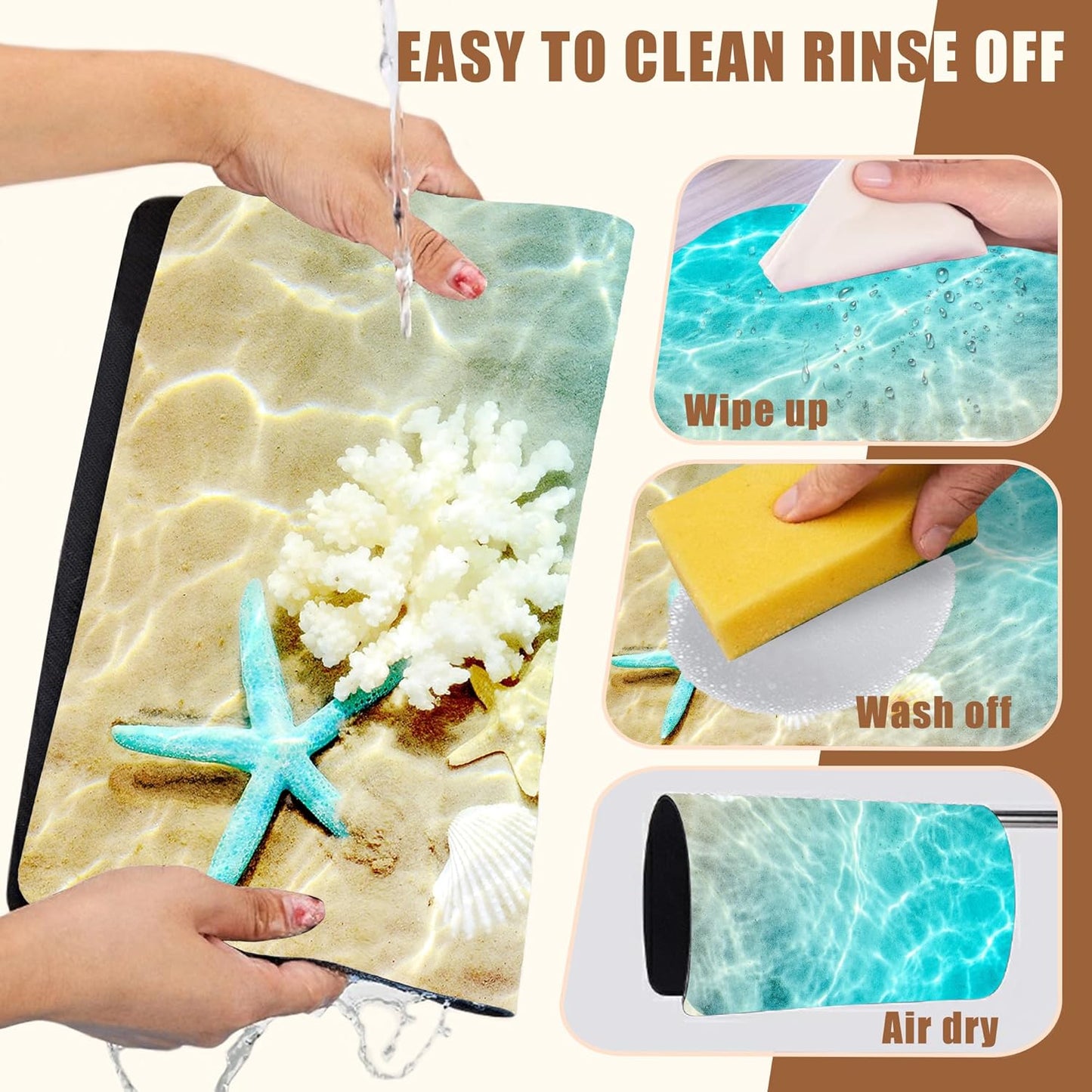 Starfish and Seashell Beach Dish Drying Mat for Kitchen Counter - Hide Stain Rubber Backed Absorbent Mat - Fits Under Coffee Maker, Espresso Machine - 15.7 x 23.6 Inch