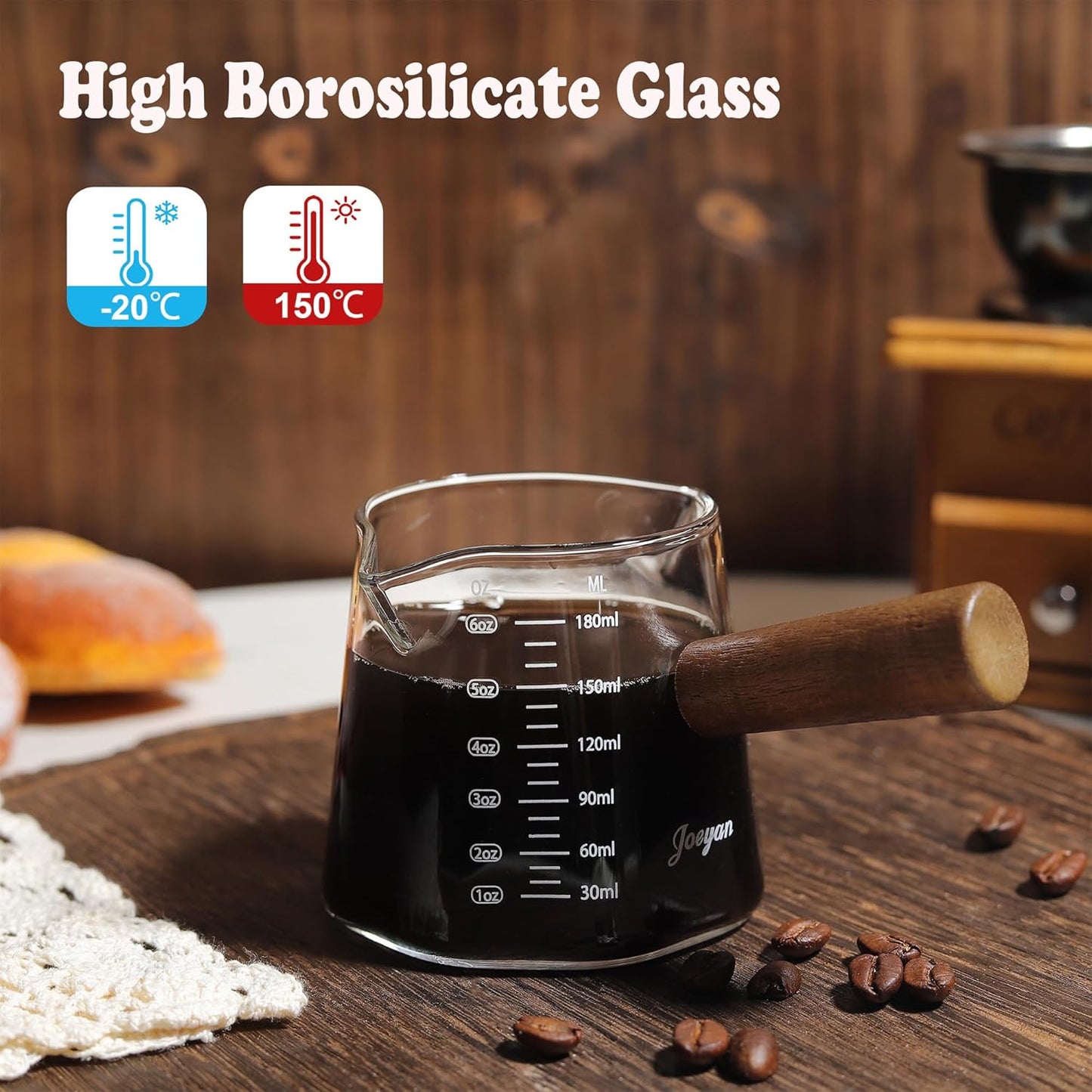 Joeyan 6 oz Glass Measuring Cup with Double Spouts,Borosilicate Espresso Shot Glasses with Wooden Handle,Claer Measuring Triple Milk Frothing Pitcher for Coffee Tea