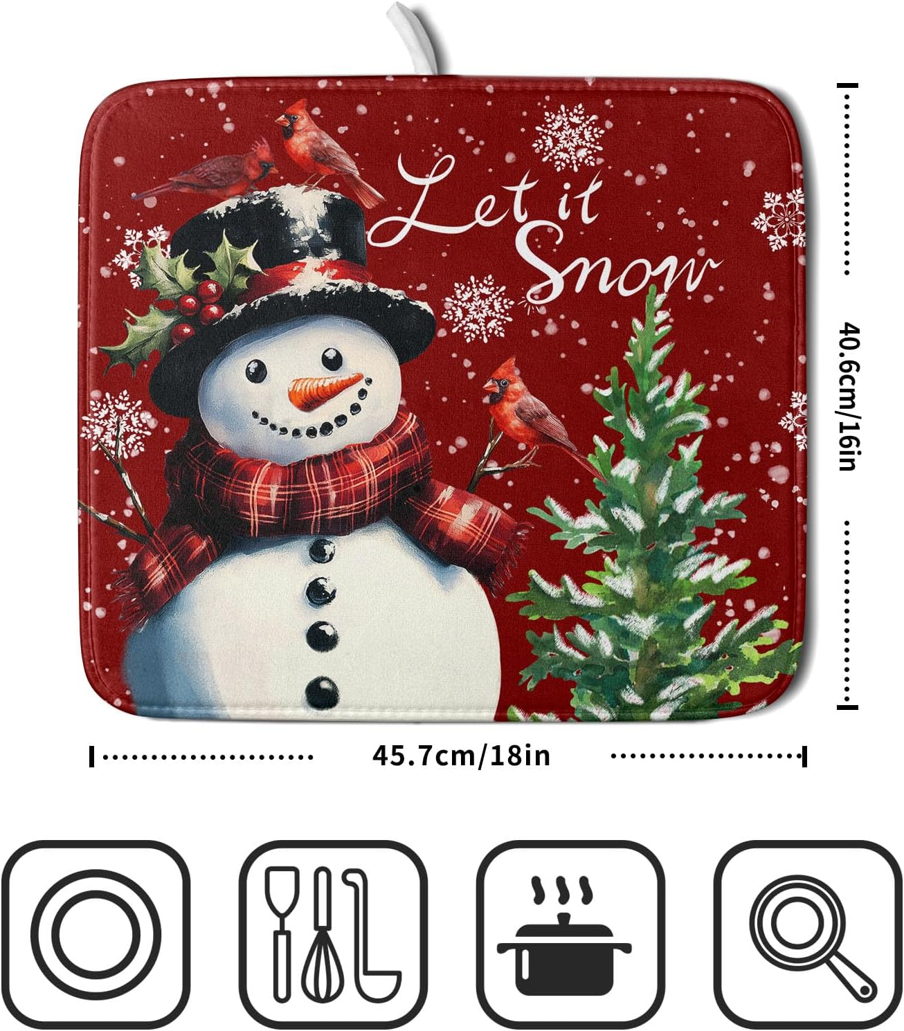 Let It Snow Winter Snowflake Red Dish Drying Mat for Kitchen Counter,Xmas Trees Snowman Cardinal Bird Drying Mat 16 x 18 Inch with High Absorbent Microfiber Drainer Mat for Coffee Bar