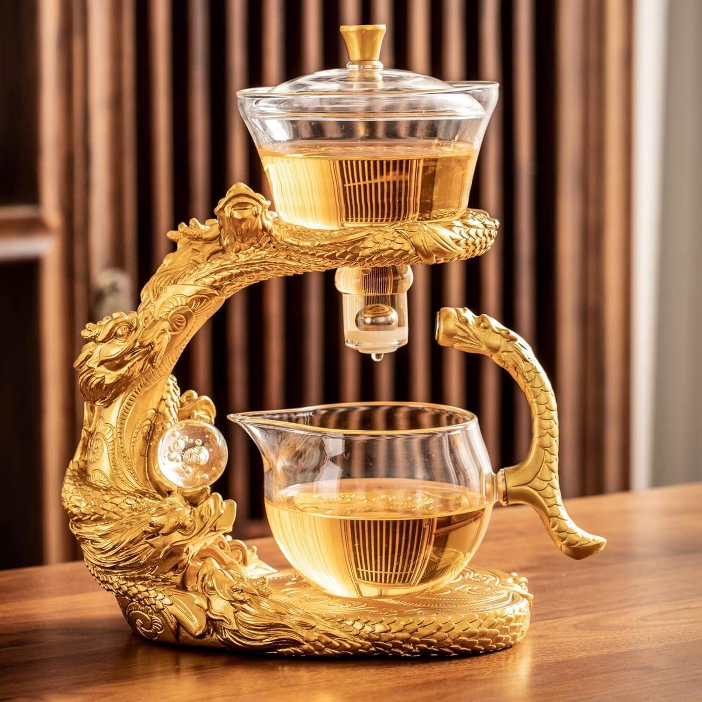 Glass Teapot Set with Infuser Semi Automatic Dragon Tea Set (Golden teapot)