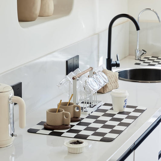 Checkered Dish Drying Mat for Kitchen Counter, Coffee Bar Station Accessories, Retro Cute Aesthetic Modern Absorbent Drainer Mat Kitchen Drying Mat Easy Clean, Black 16" x 24"